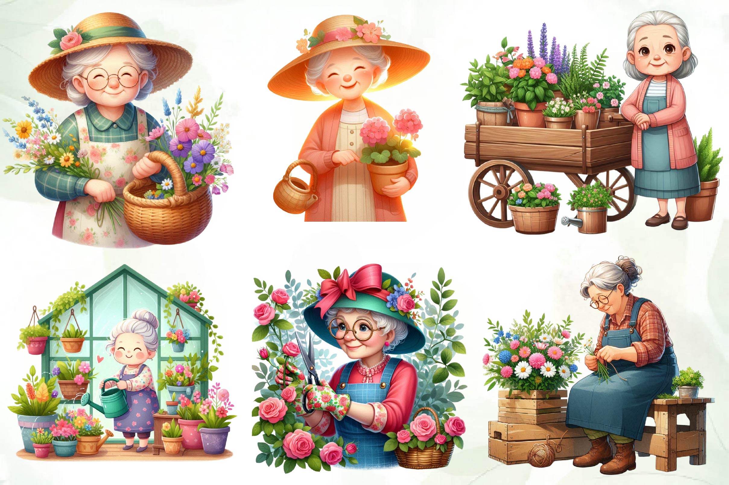 Gardening Grandma With Flowers Clipart Bundle