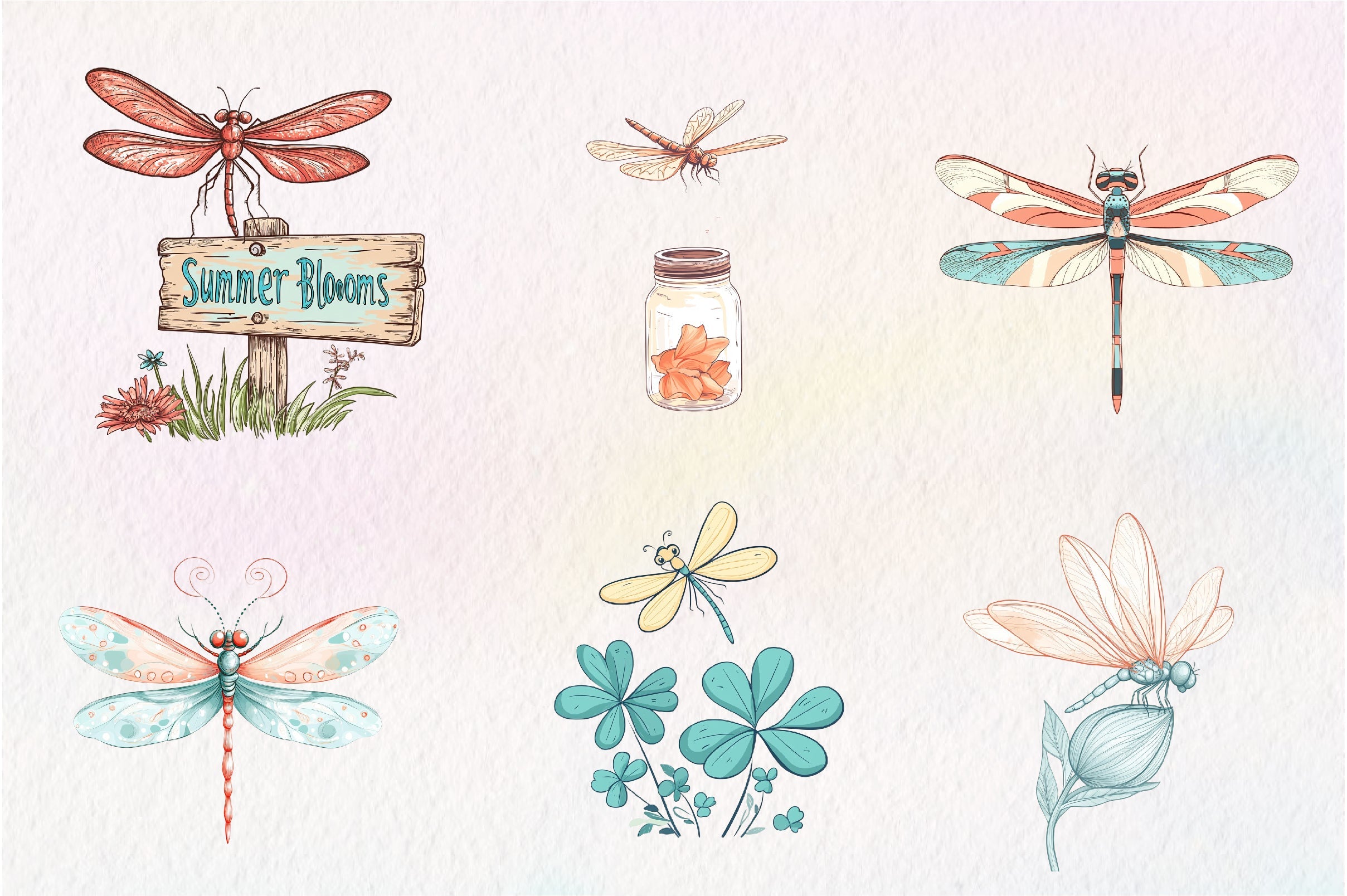 Summer Dragonfly Garden Clipart Bundle