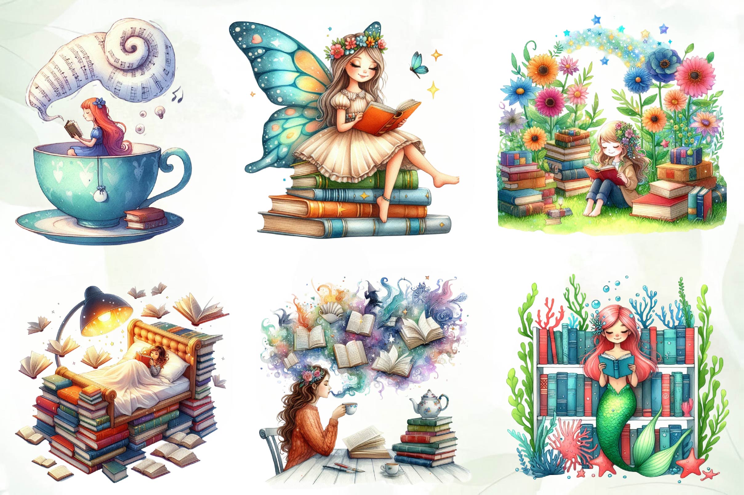 Whimsical Girl Loves Book Clipart Bundle