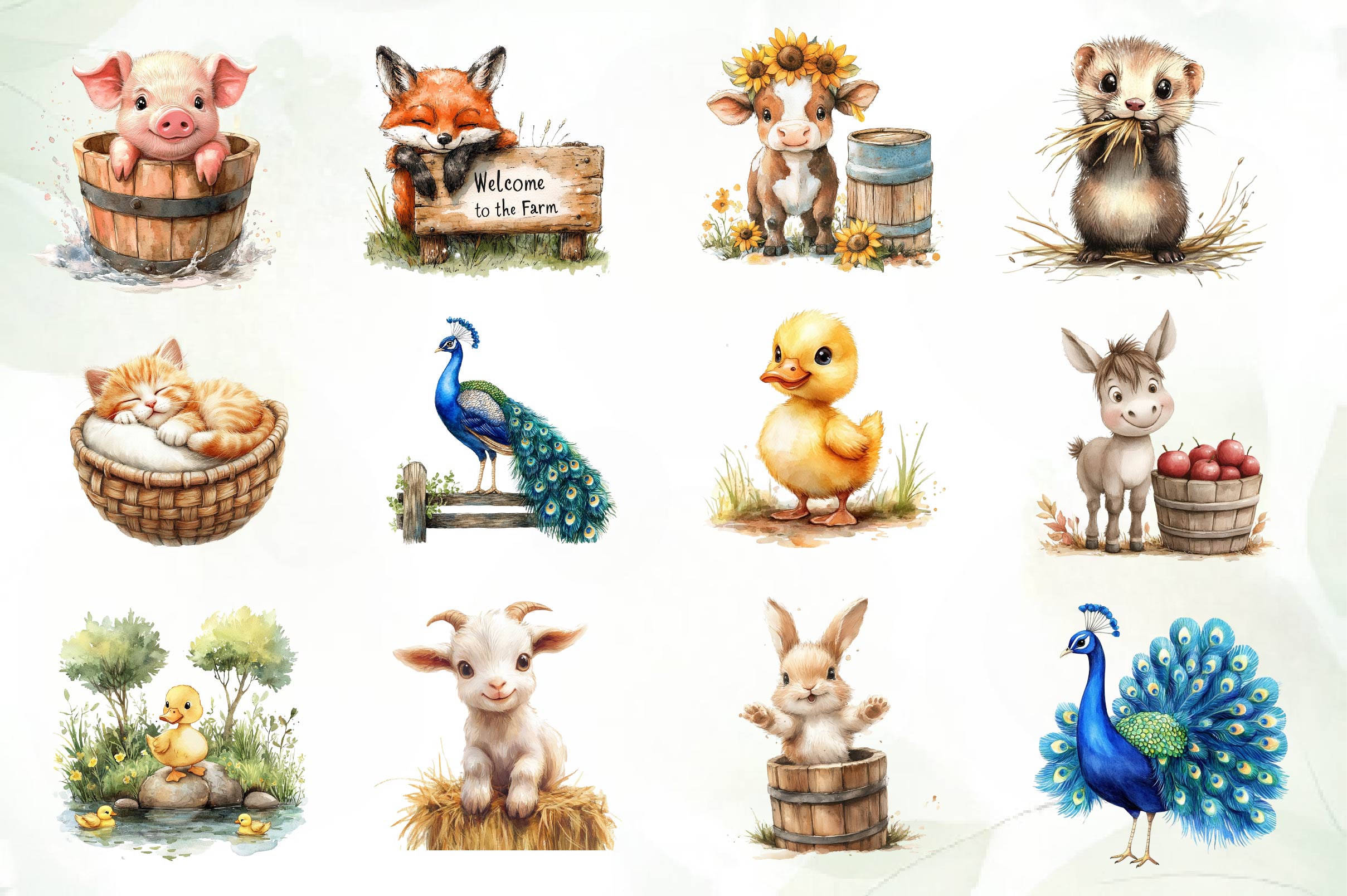 Cute On The Farm Animals Clipart Bundle
