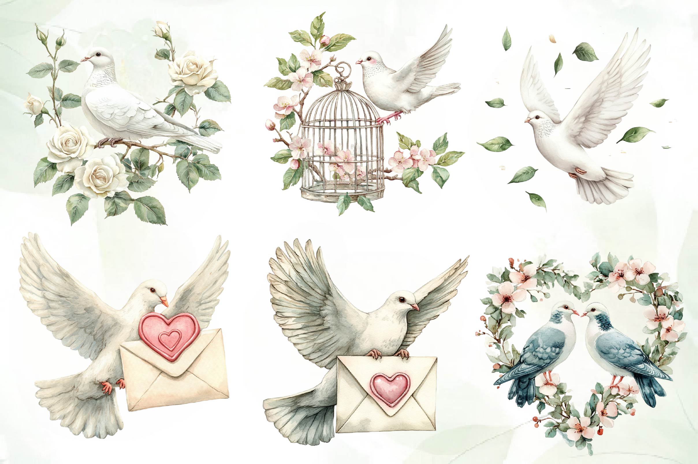 Spring White Doves Clipart Bundle