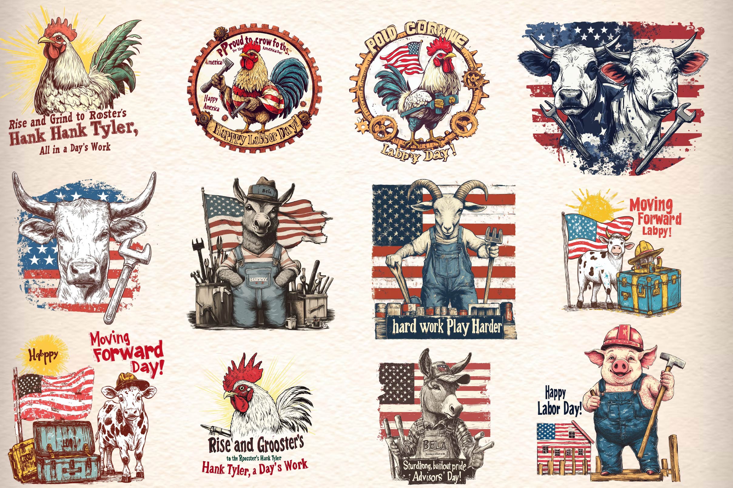 Vintage Labor Day Farm Animals Clipart Bundle
