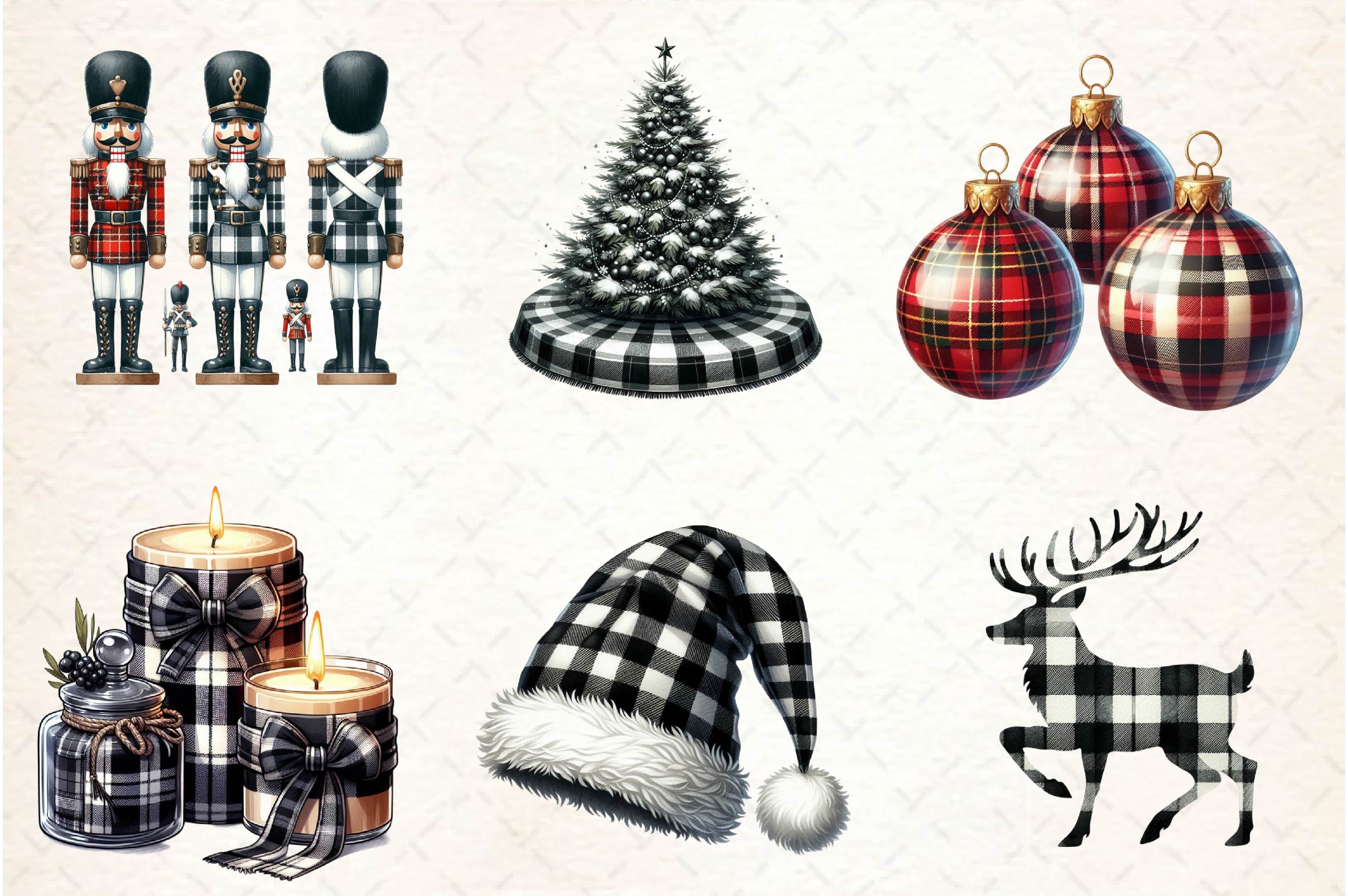 Luxury Plaid Black And White Christmas Clipart Bundle