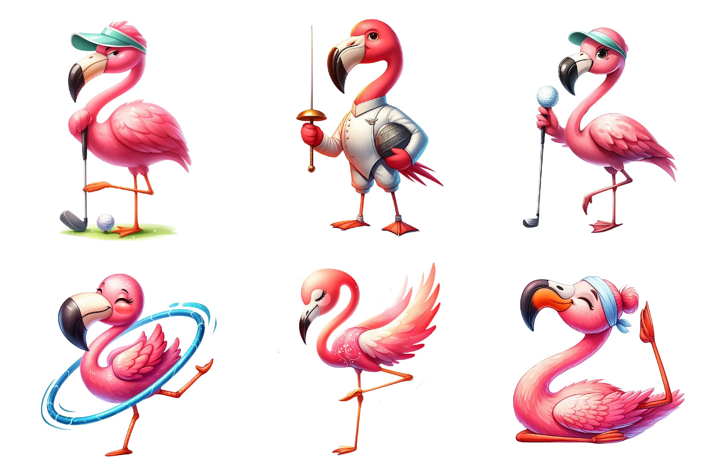 Cute Cartoon Sporty Flamingos Clipart Bundle