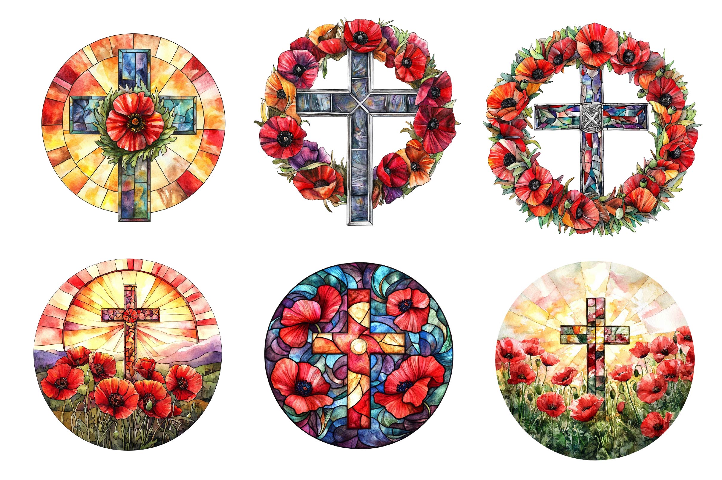 Round Poppy & Cross Faux Stained Glass Clipart Bundle