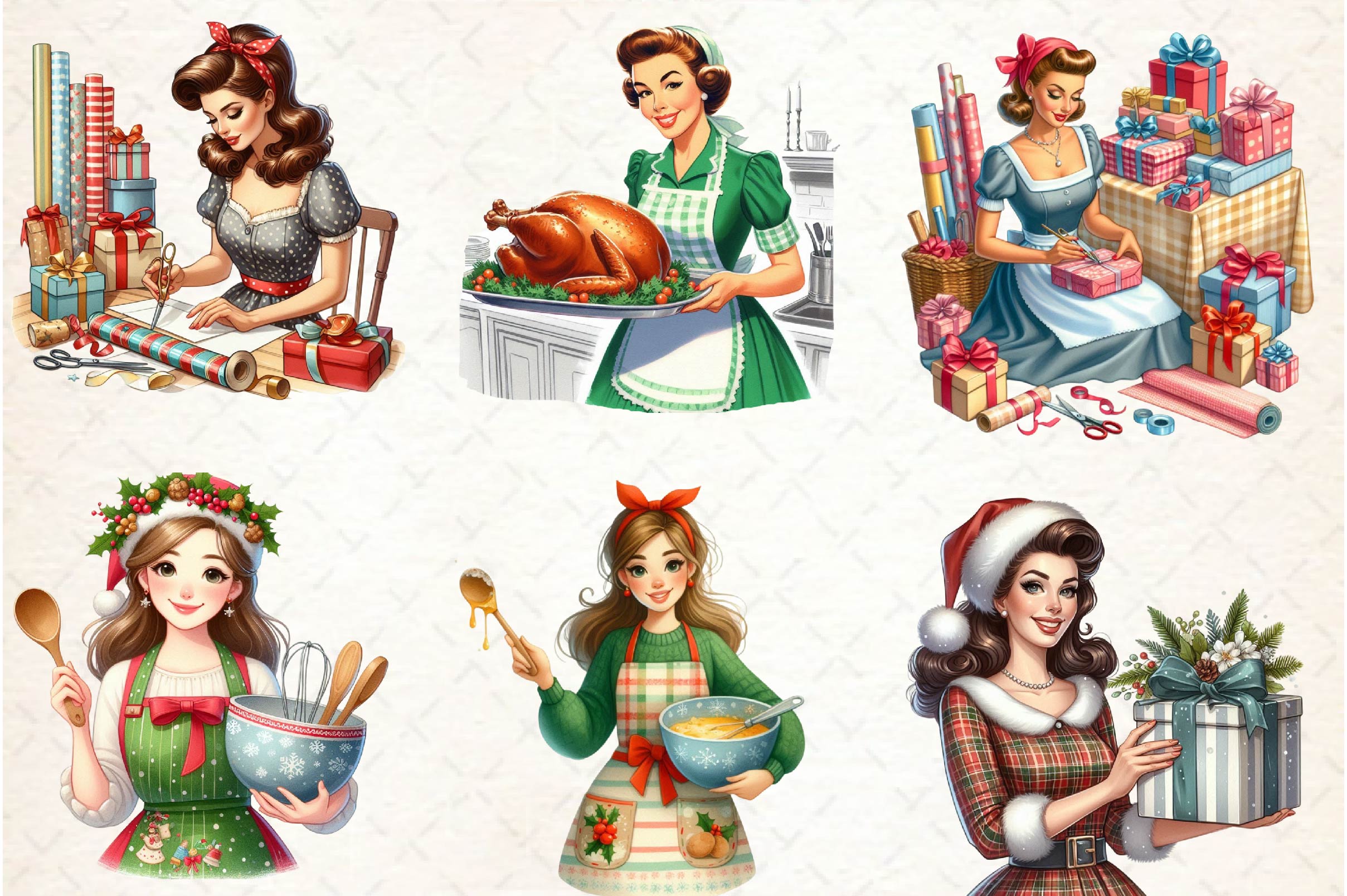 Retro Christmas Housewives Clipart Bundle