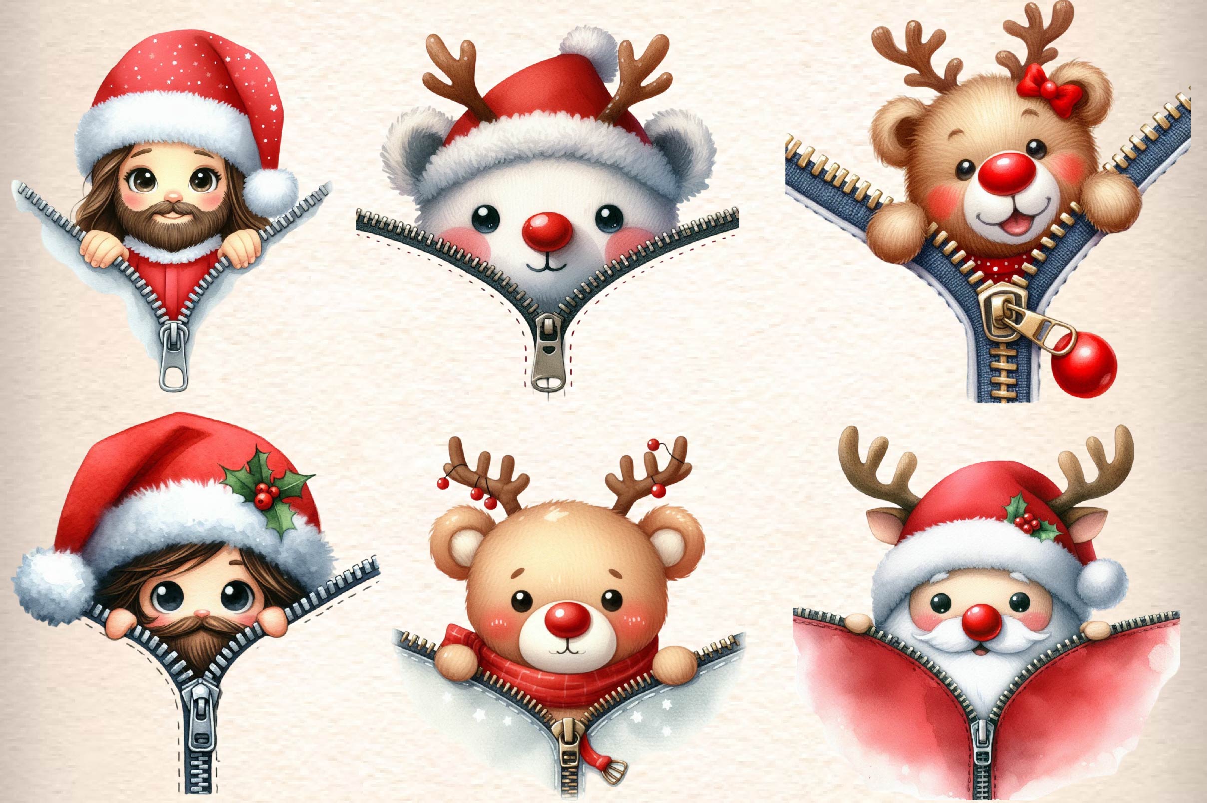 Christmas Peeking Out Zipper Clipart Bundle