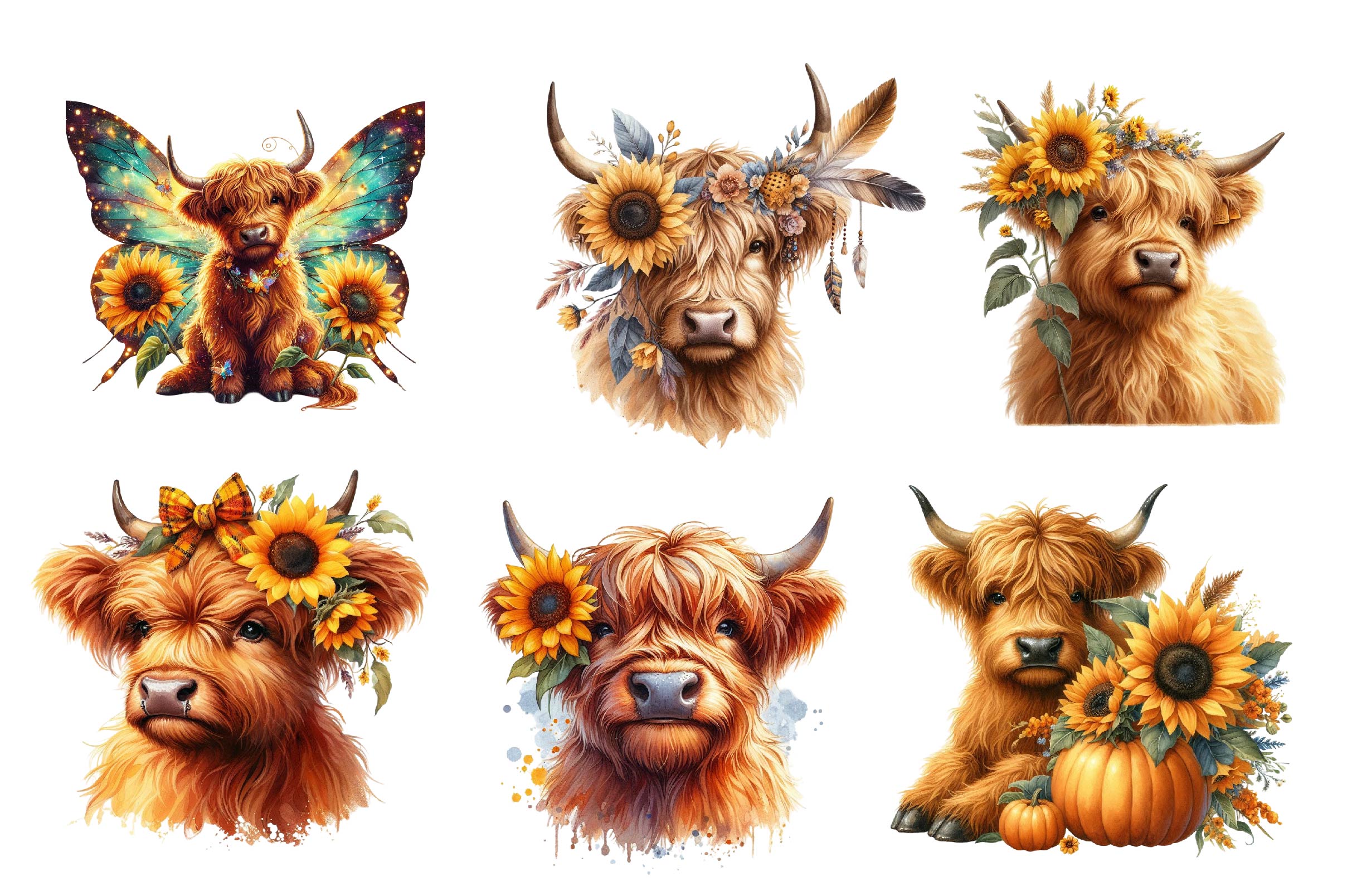 Sunflower Highland Cow Clipart Bundle