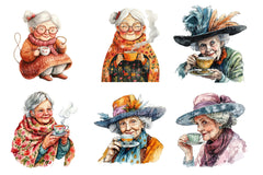 Quirky Old Lady Drinks Tea Clipart - CraftNest - Digital Crafting and Art