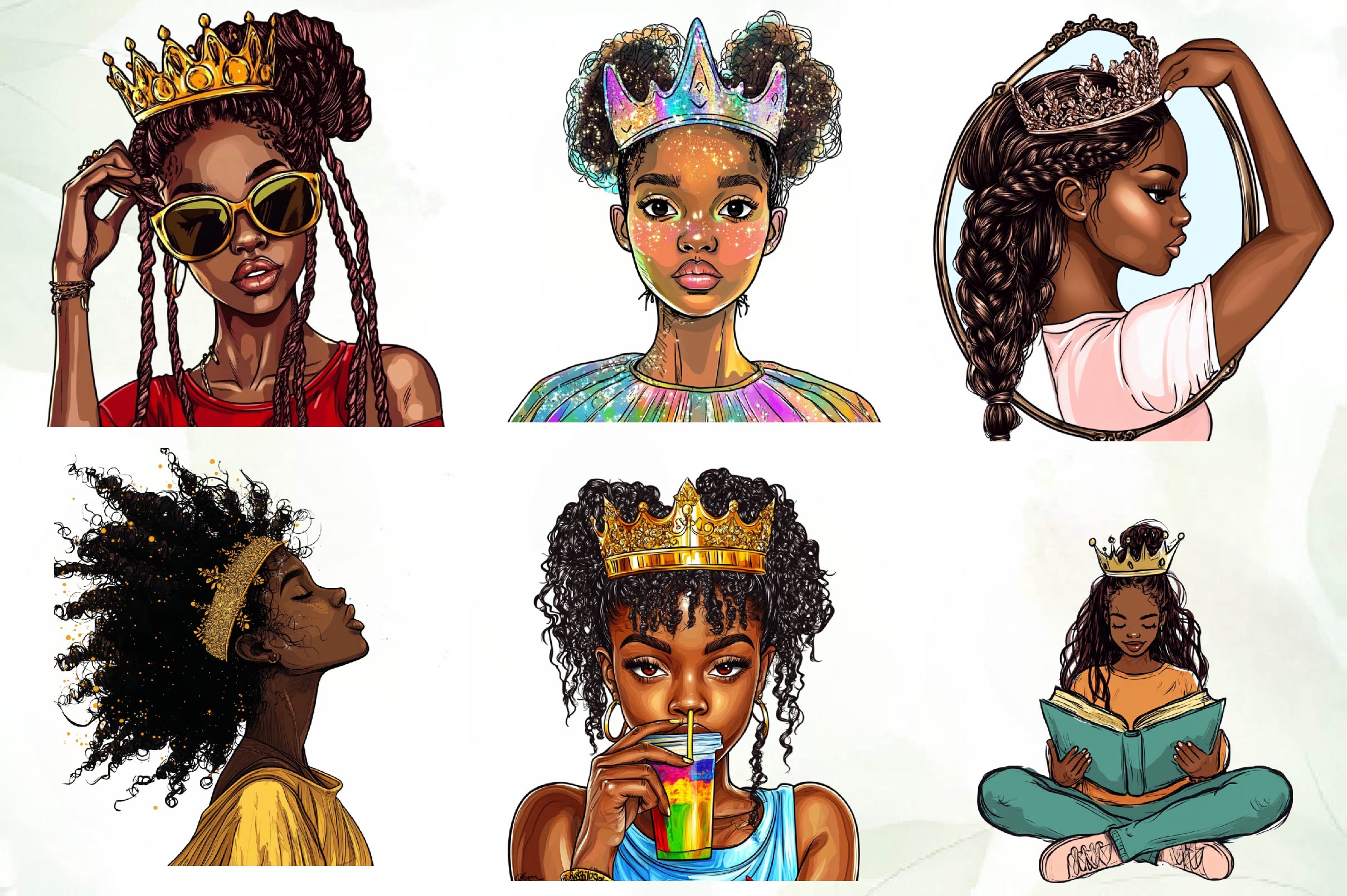 Quirky African American Girl With Crown Clipart Bundle