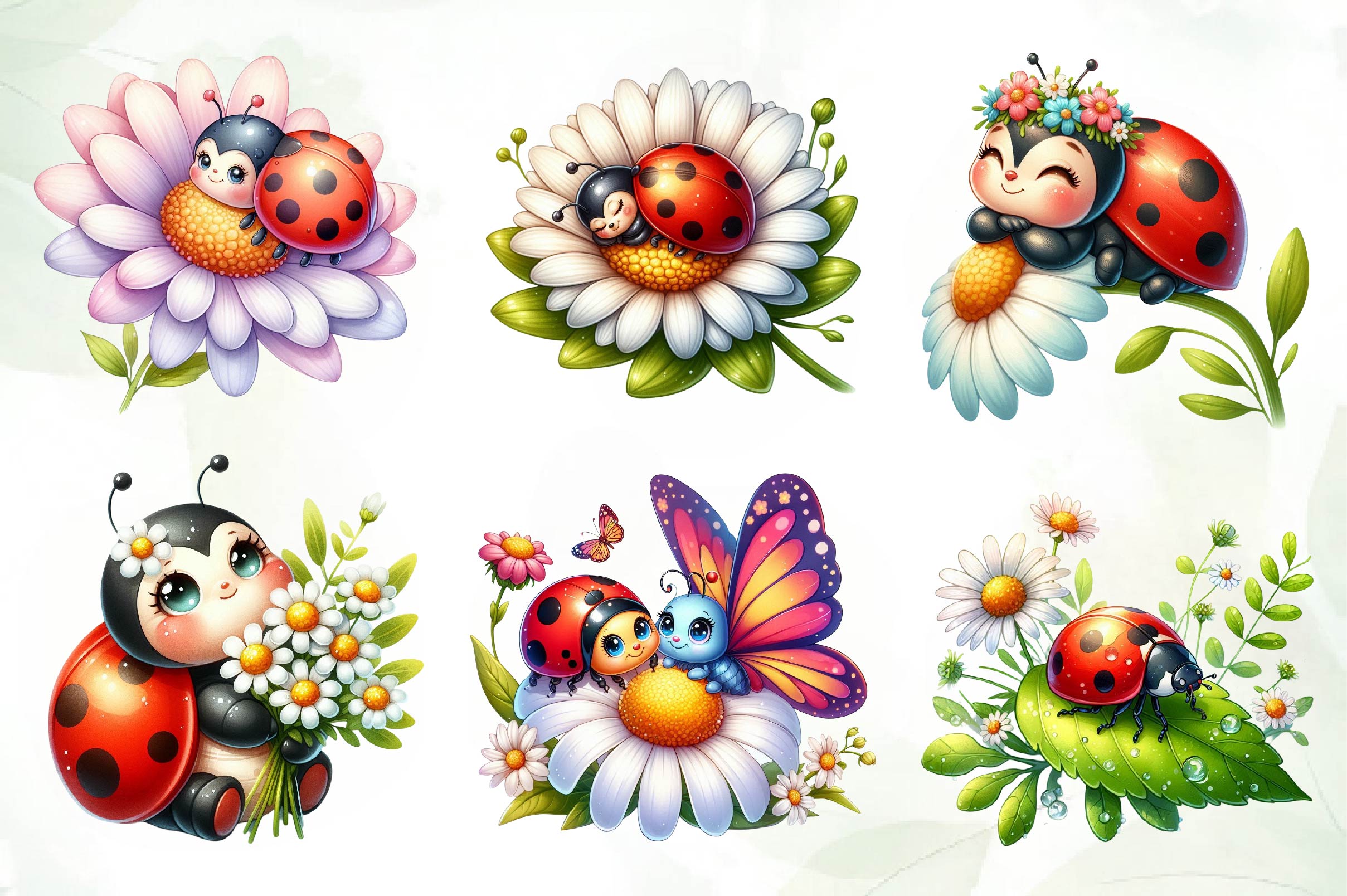 Cute Daisy Spring Ladybug Clipart Bundle-1