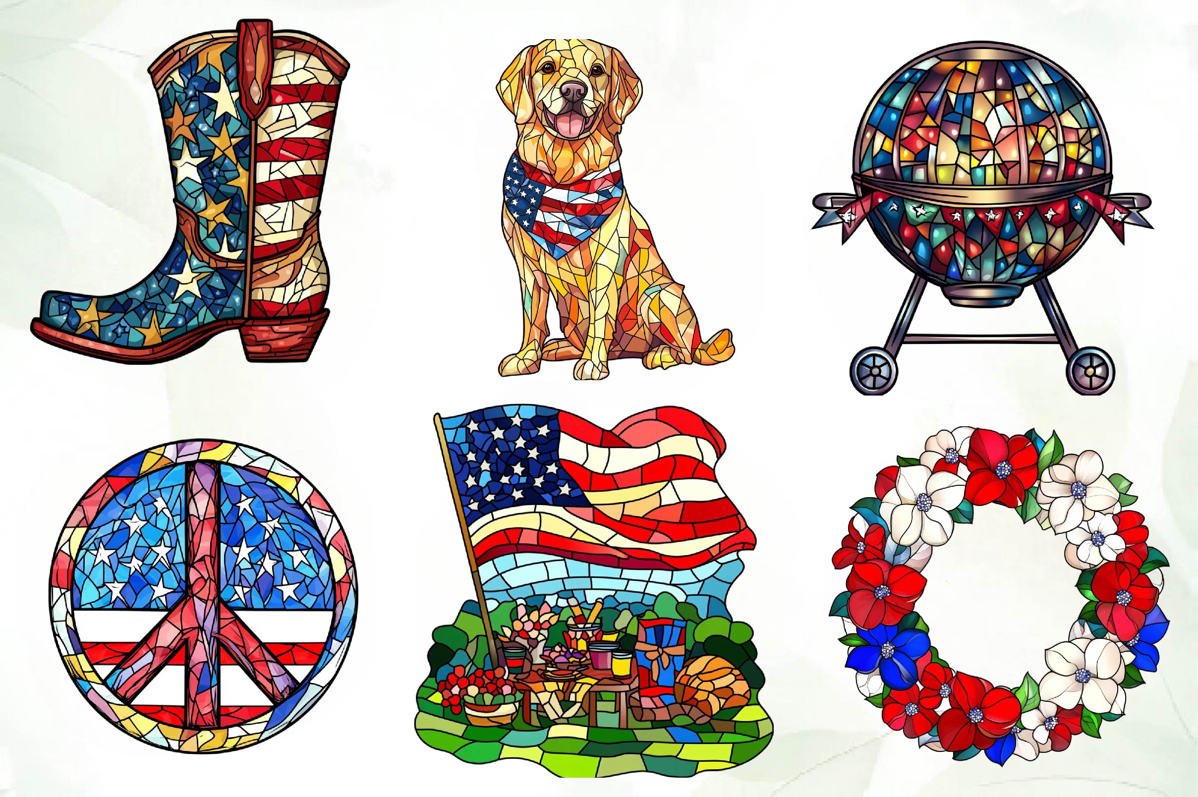 Round Stained Glass 4th Of July Clipart Bundle 2