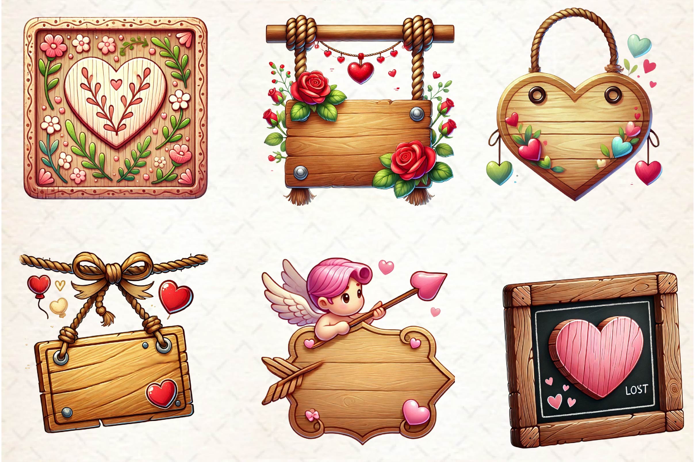 Valentines Empty Wooden Signs Clipart Bundle