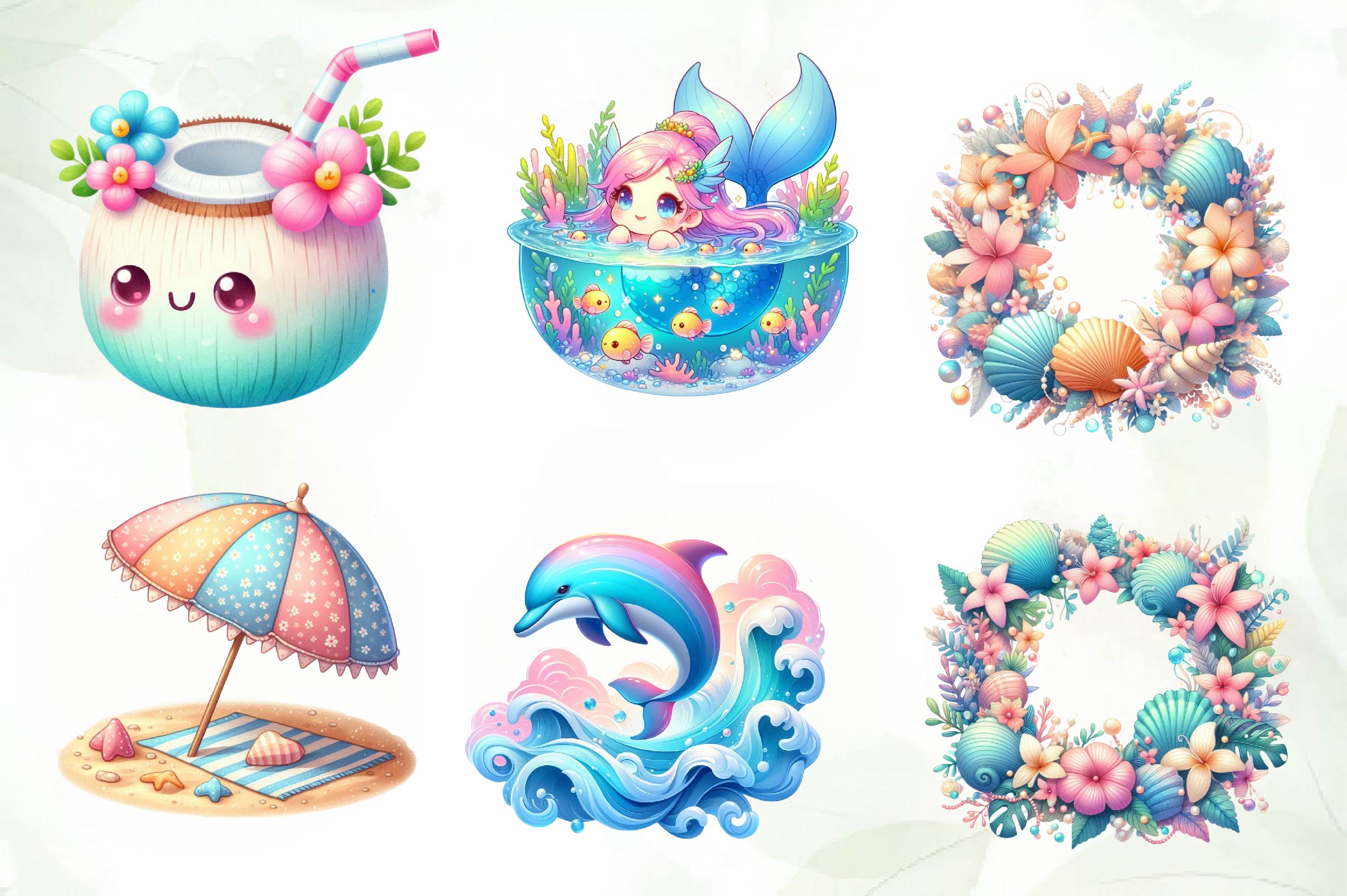 Cute Pastel Colour Tropical Summer Clipart Bundle