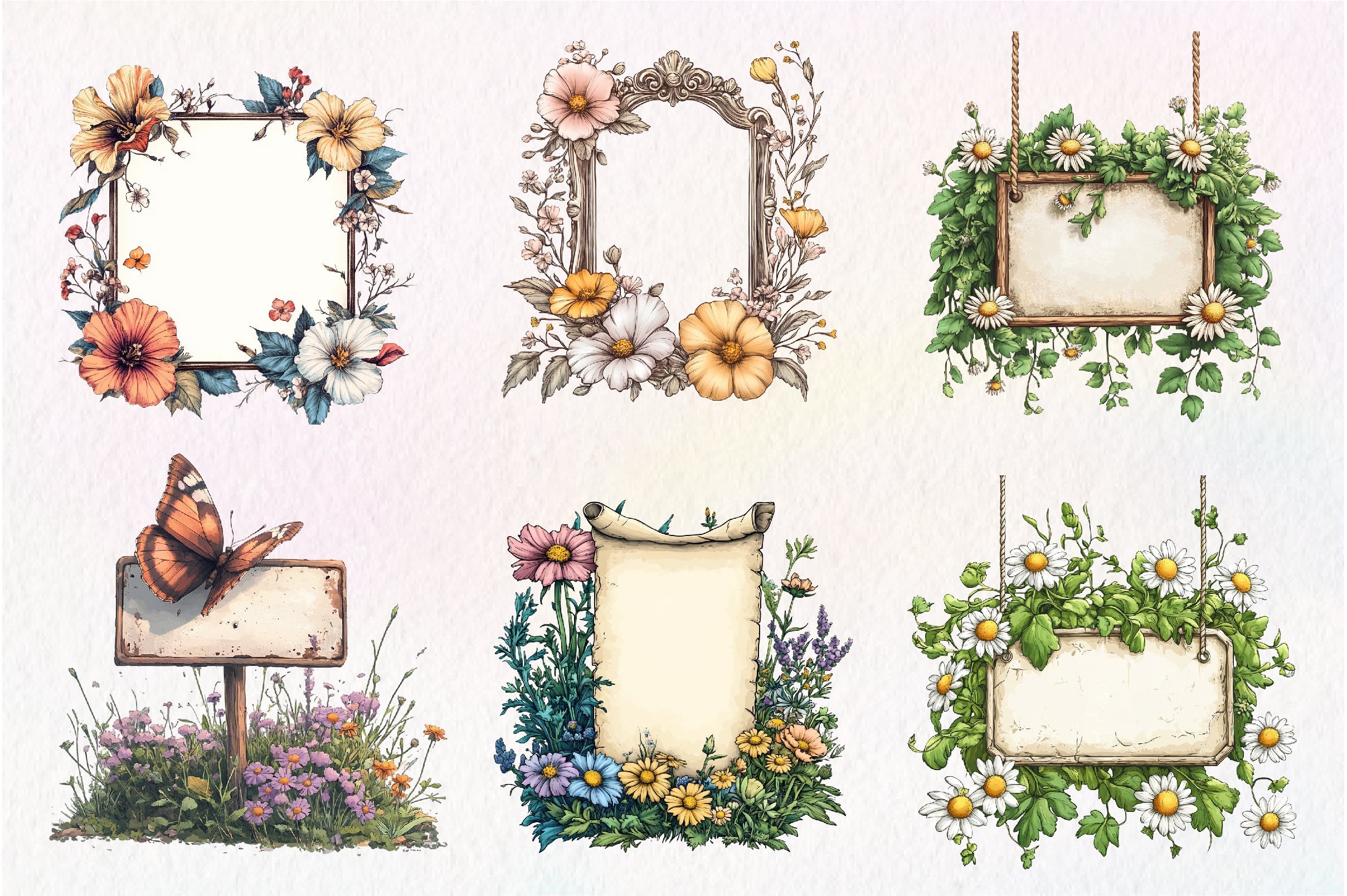 Summer Empty Sign & Wildflowers Clipart Bundle
