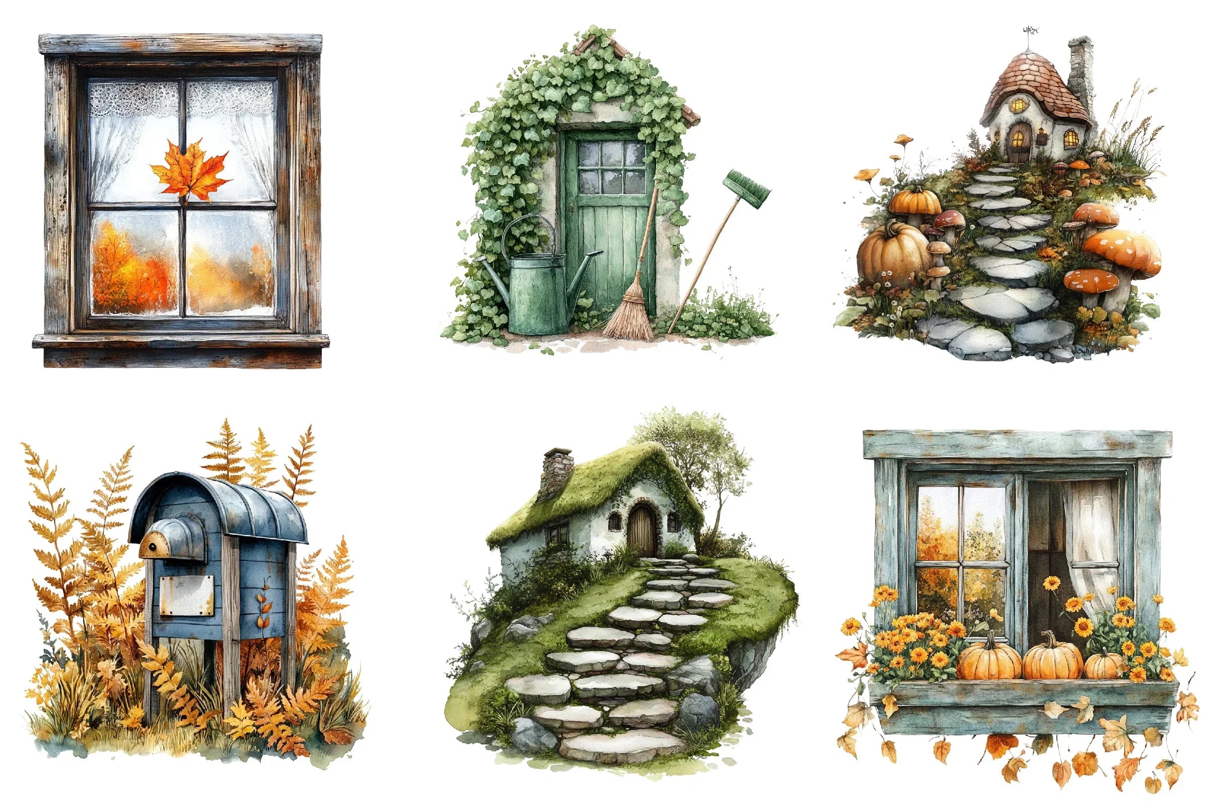Green Autumn Cottage Clipart Bundle - CraftNest - Digital Crafting and Art