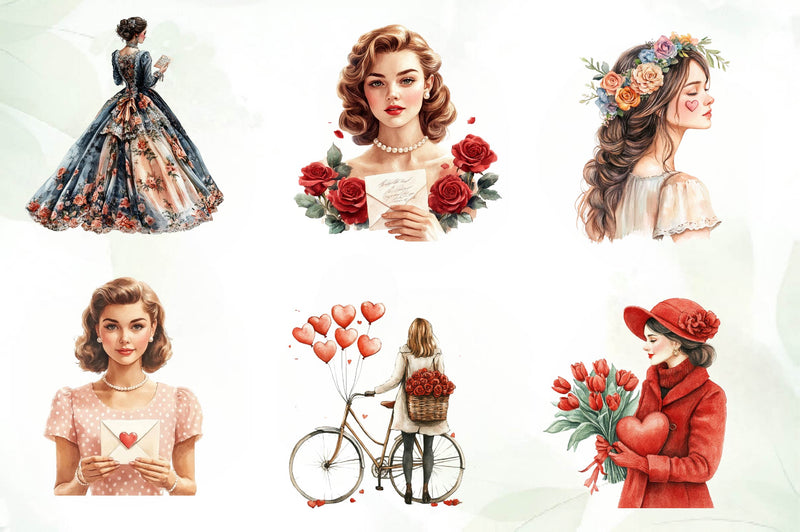 Vintage Valentines Woman Clipart Bundle - CraftNest - Digital Crafting and Art