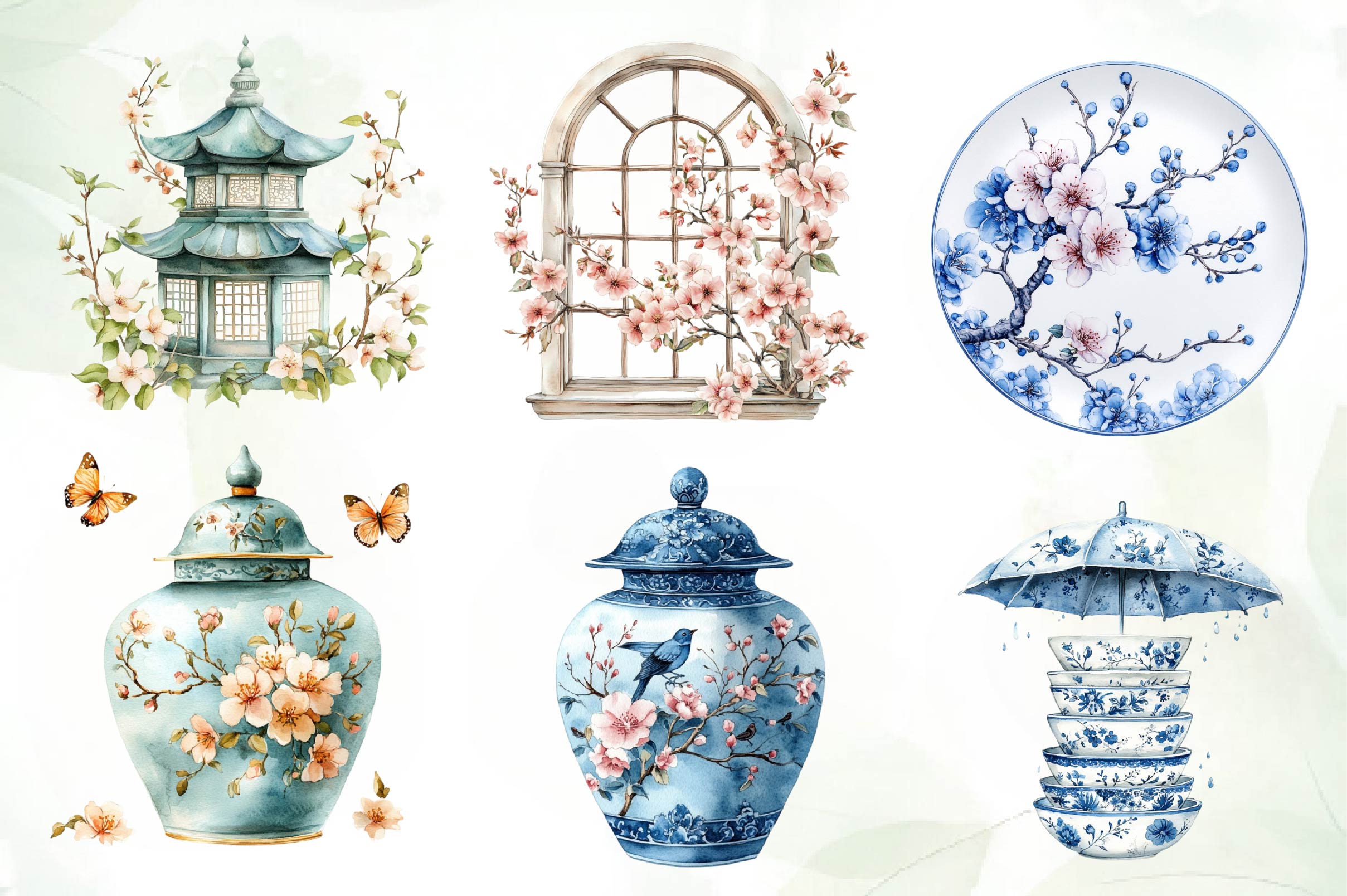 Blue Chinoiserie Spring Clipart Bundle - CraftNest - Digital Crafting and Art