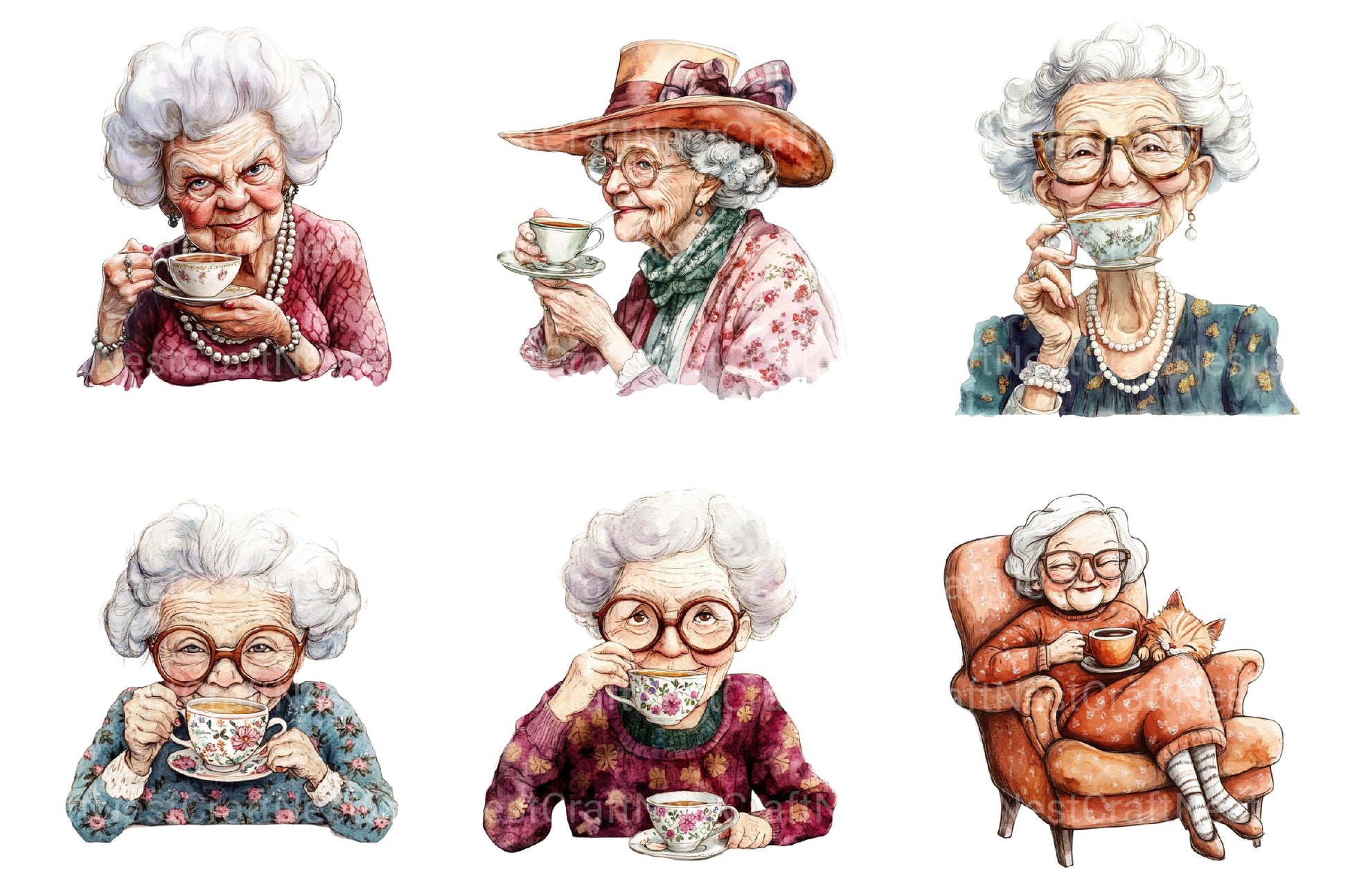 Quirky Old Lady Drinks Tea Clipart - CraftNest - Digital Crafting and Art
