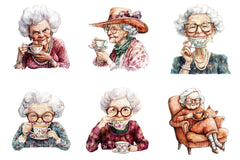 Quirky Old Lady Drinks Tea Clipart - CraftNest - Digital Crafting and Art