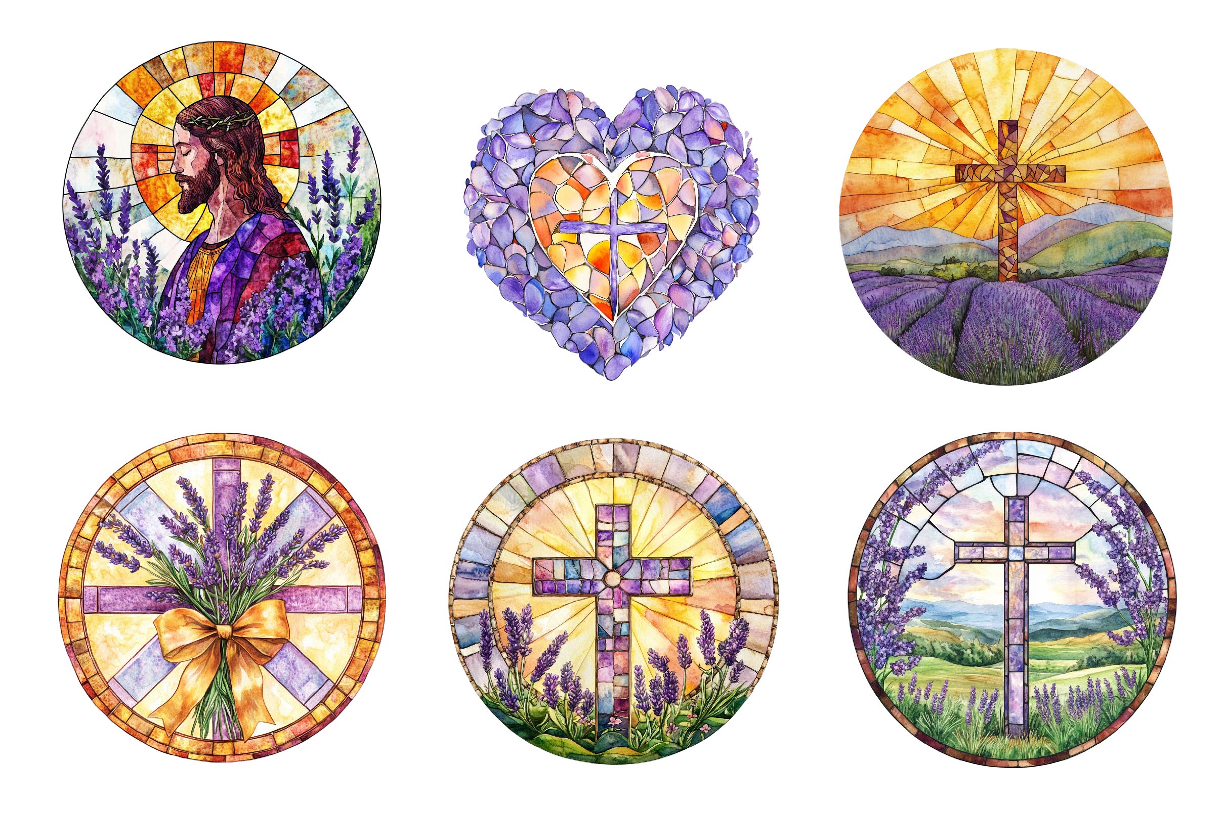 Round Lavender Blessing & Cross Stained Glass Clipart Bundle - CraftNest - Digital Crafting and Art