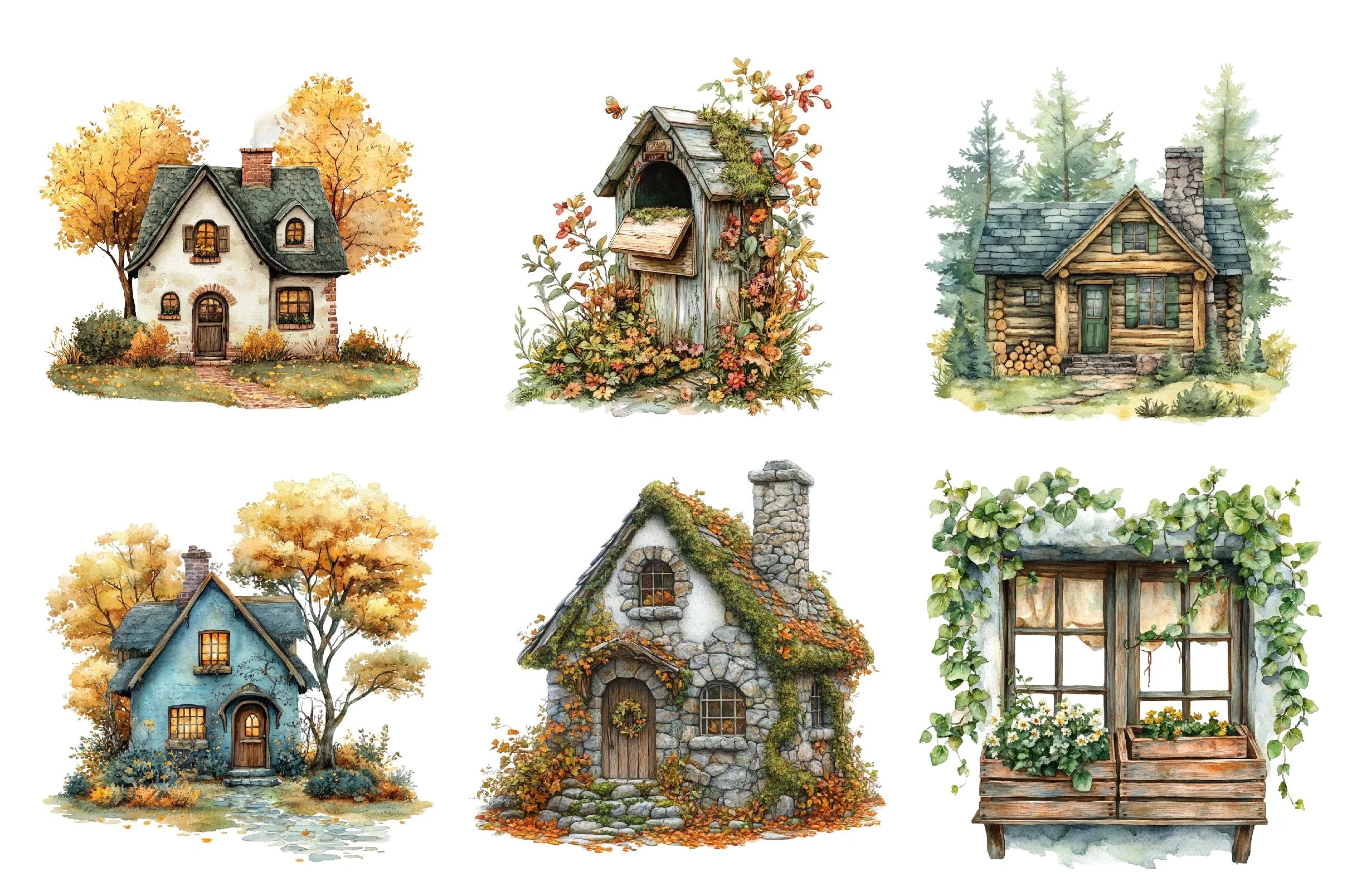Green Autumn Cottage Clipart Bundle - CraftNest - Digital Crafting and Art
