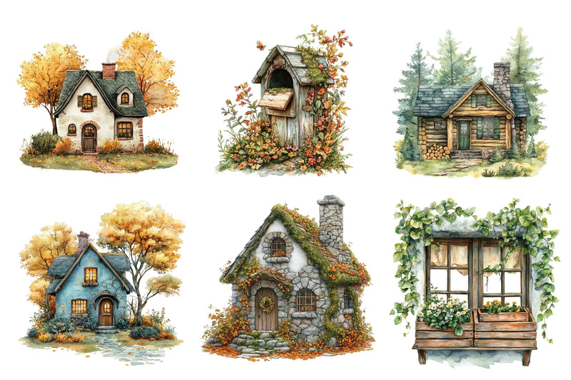 Green Autumn Cottage Clipart Bundle - CraftNest - Digital Crafting and Art
