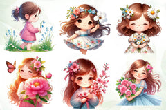 Spring Girl Holding Flower Clipart Bundle - CraftNest - Digital Crafting and Art