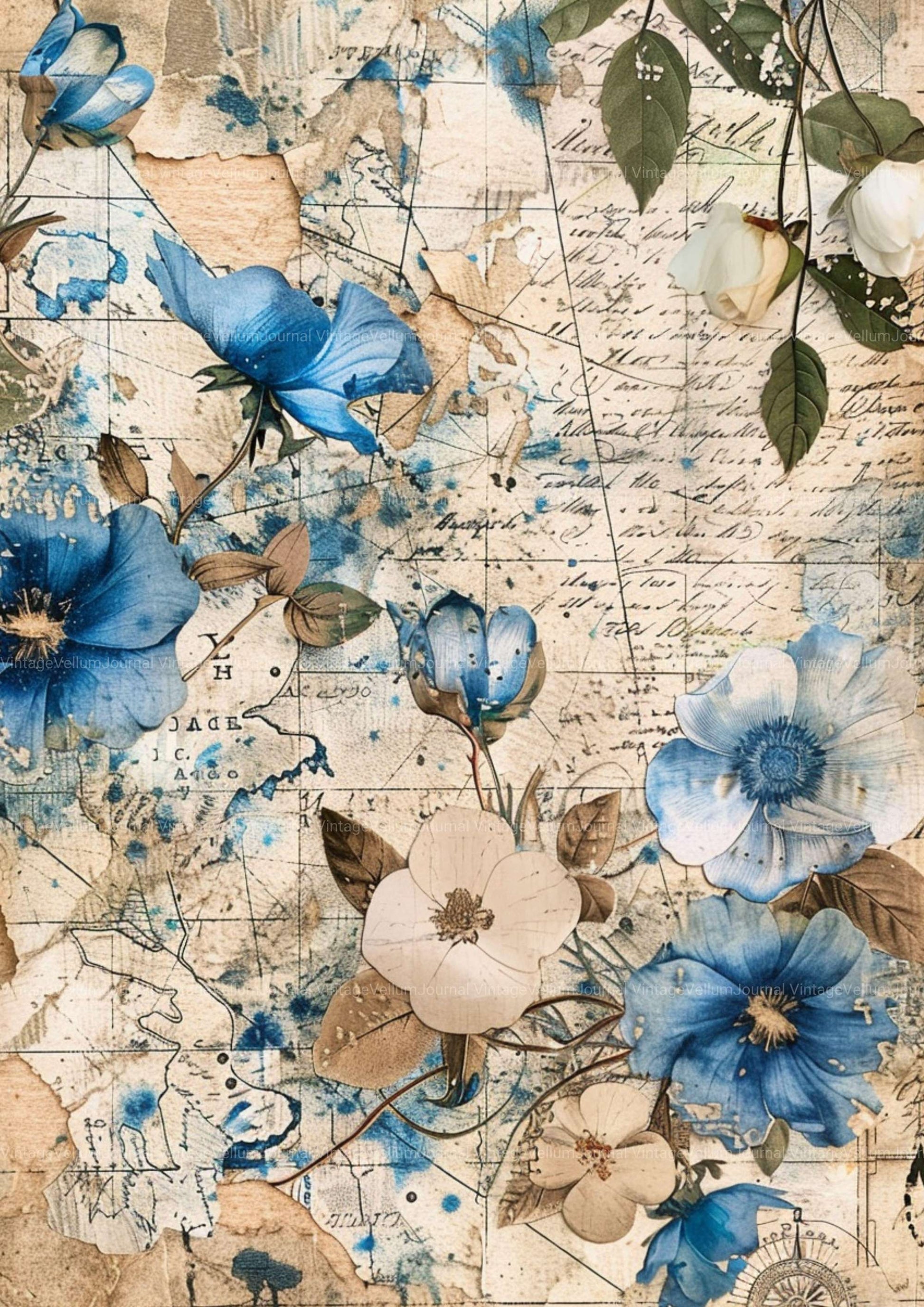 Blue Floral Junk Journal Pages - CraftNest - Digital Crafting and Art