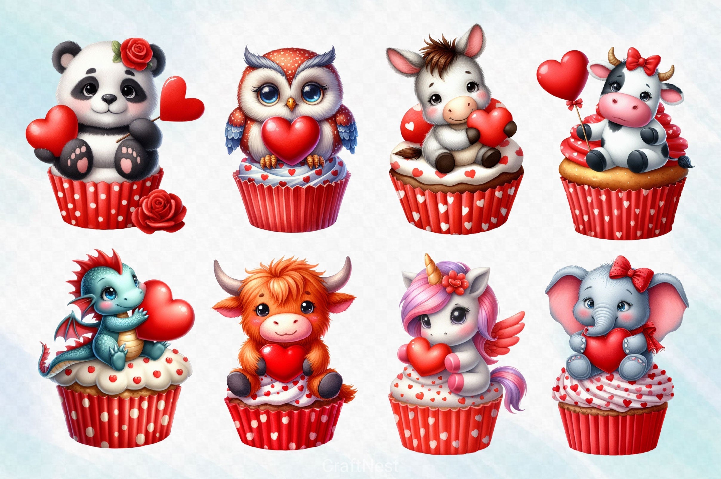 Cute Valentine Animal Cupcake Clipart Bundle 2