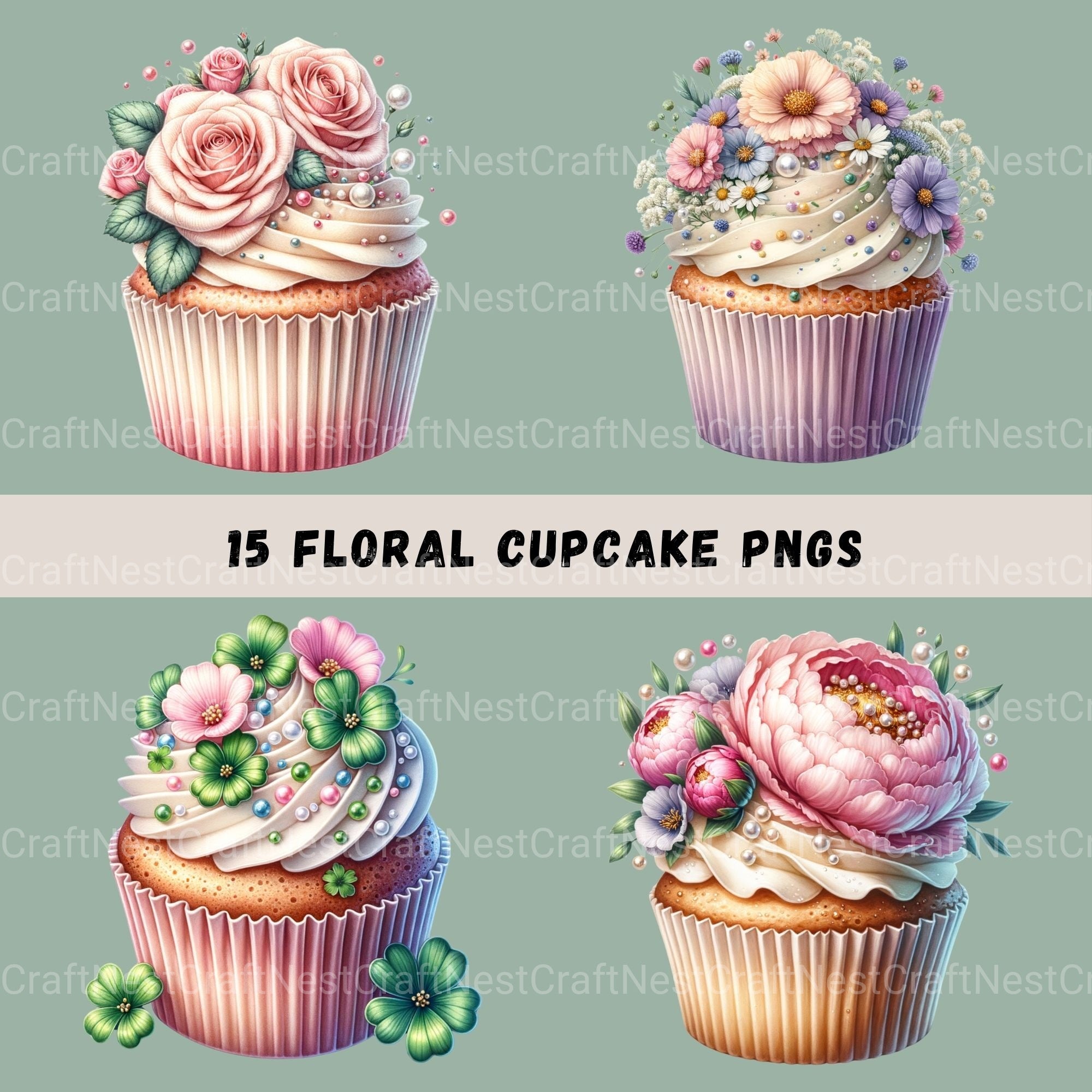 Cupcakes Floral Clipart Bundle