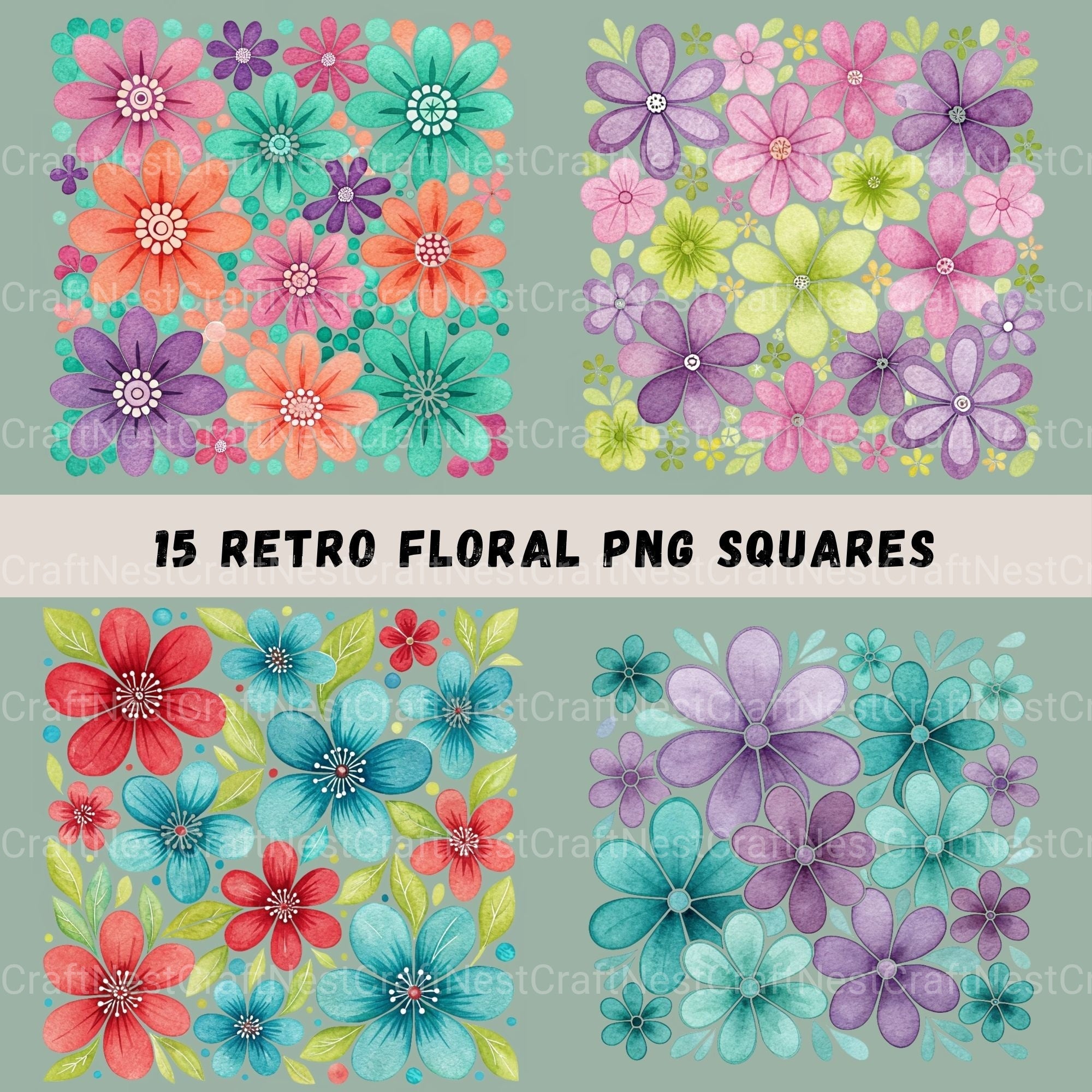 Flowers Square Retro Clipart Bundle