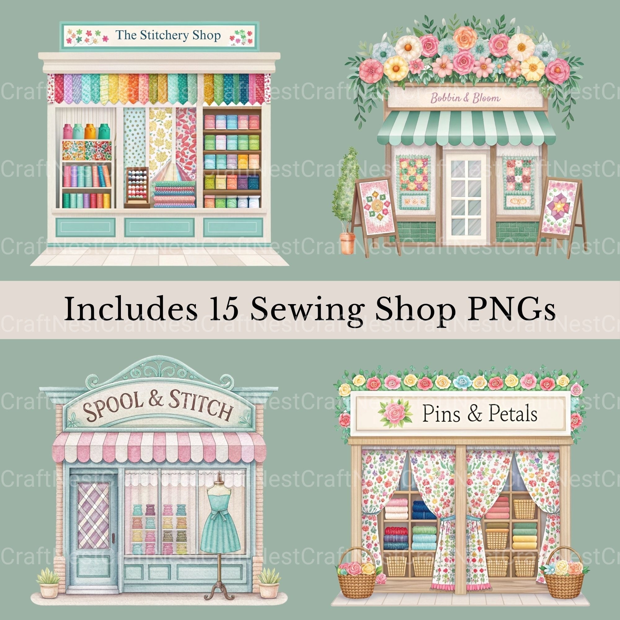 Village Shops Sewing Quilting Clipart Bundle
