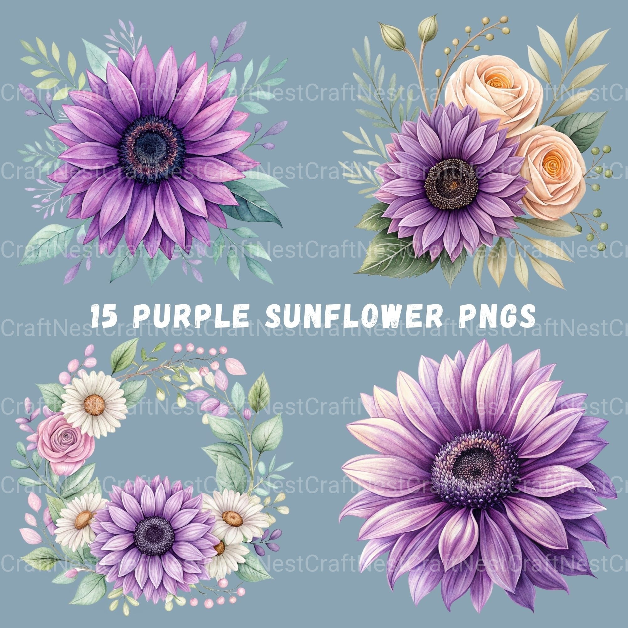 Purple Sunflowers Clipart Bundle