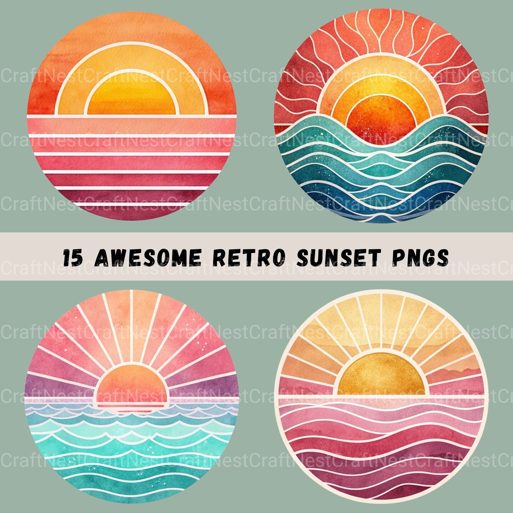 Retro Sunsets Circle Clipart Bundle
