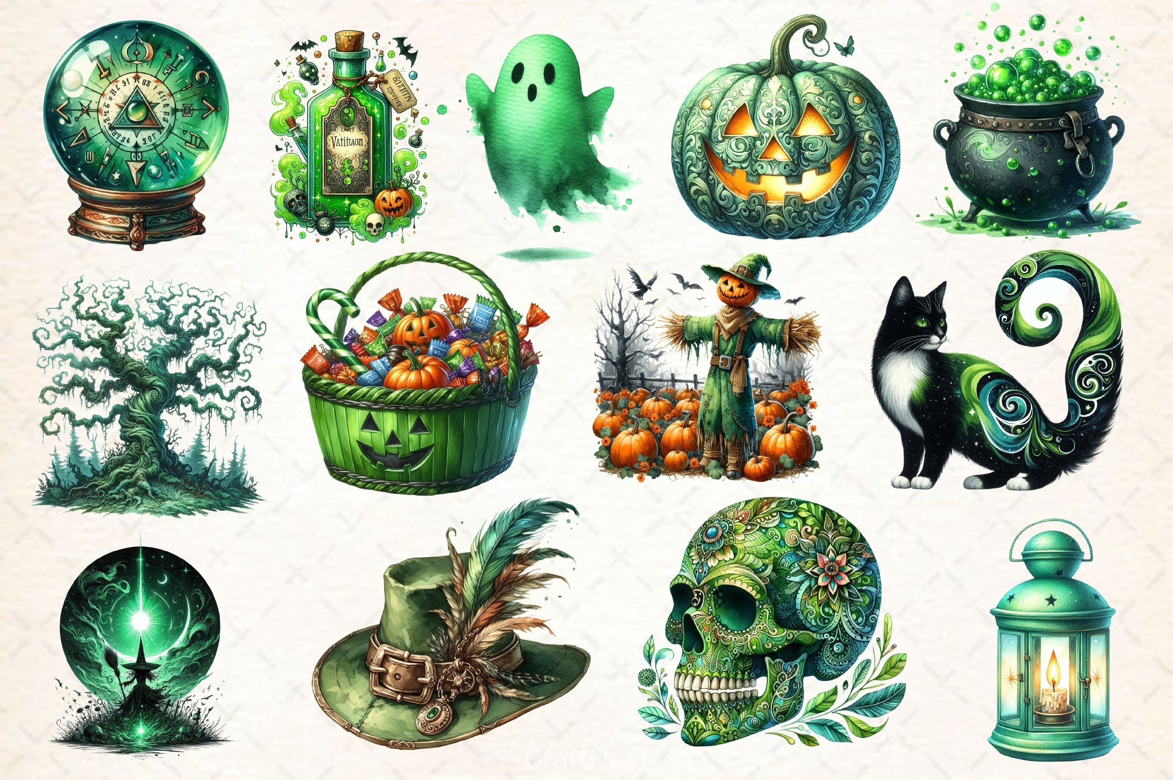 Antique Green Halloween Set Clipart Bundle 2