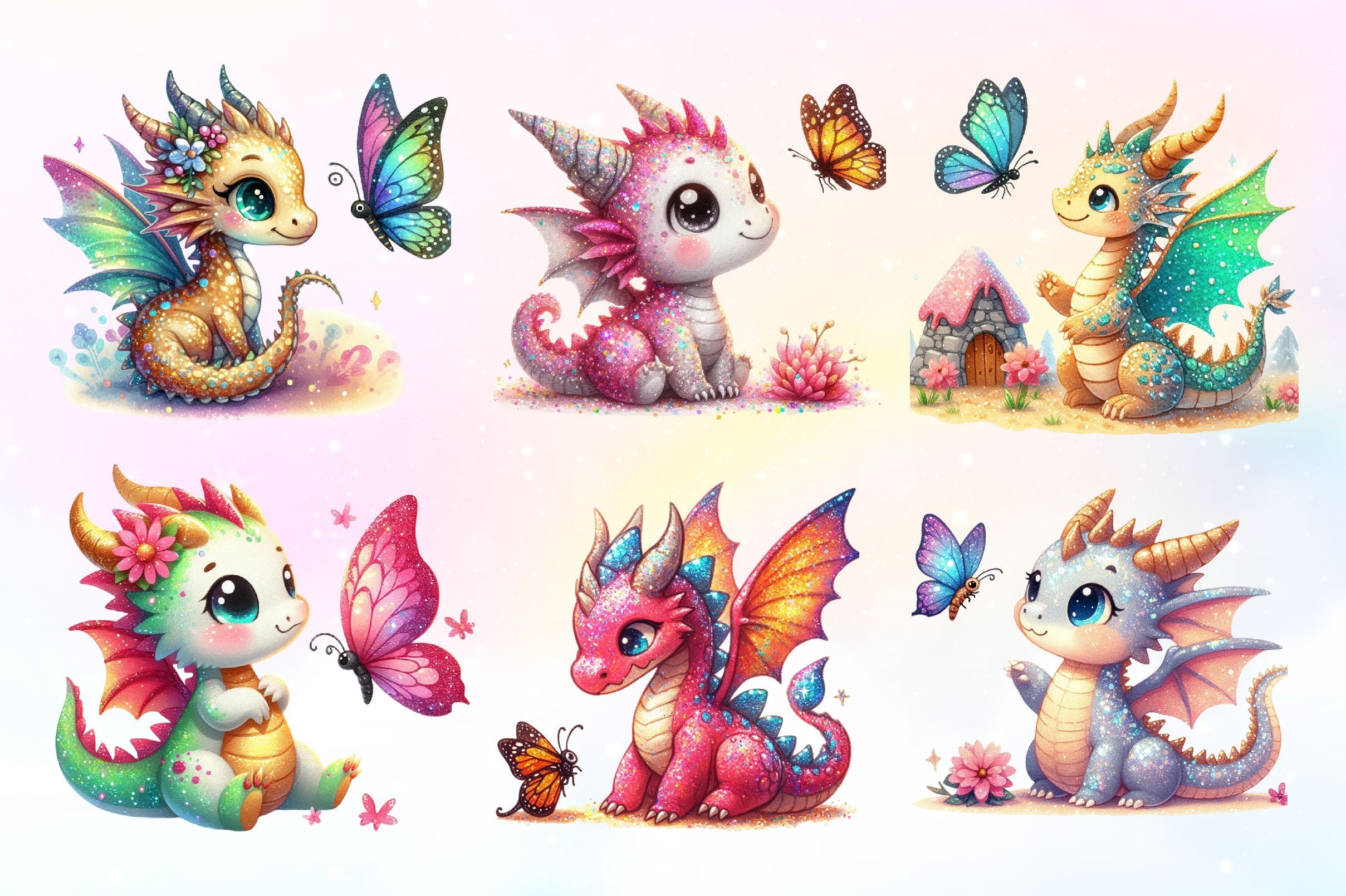 Cute Dragon With Butterfly Clipart Bundle 2