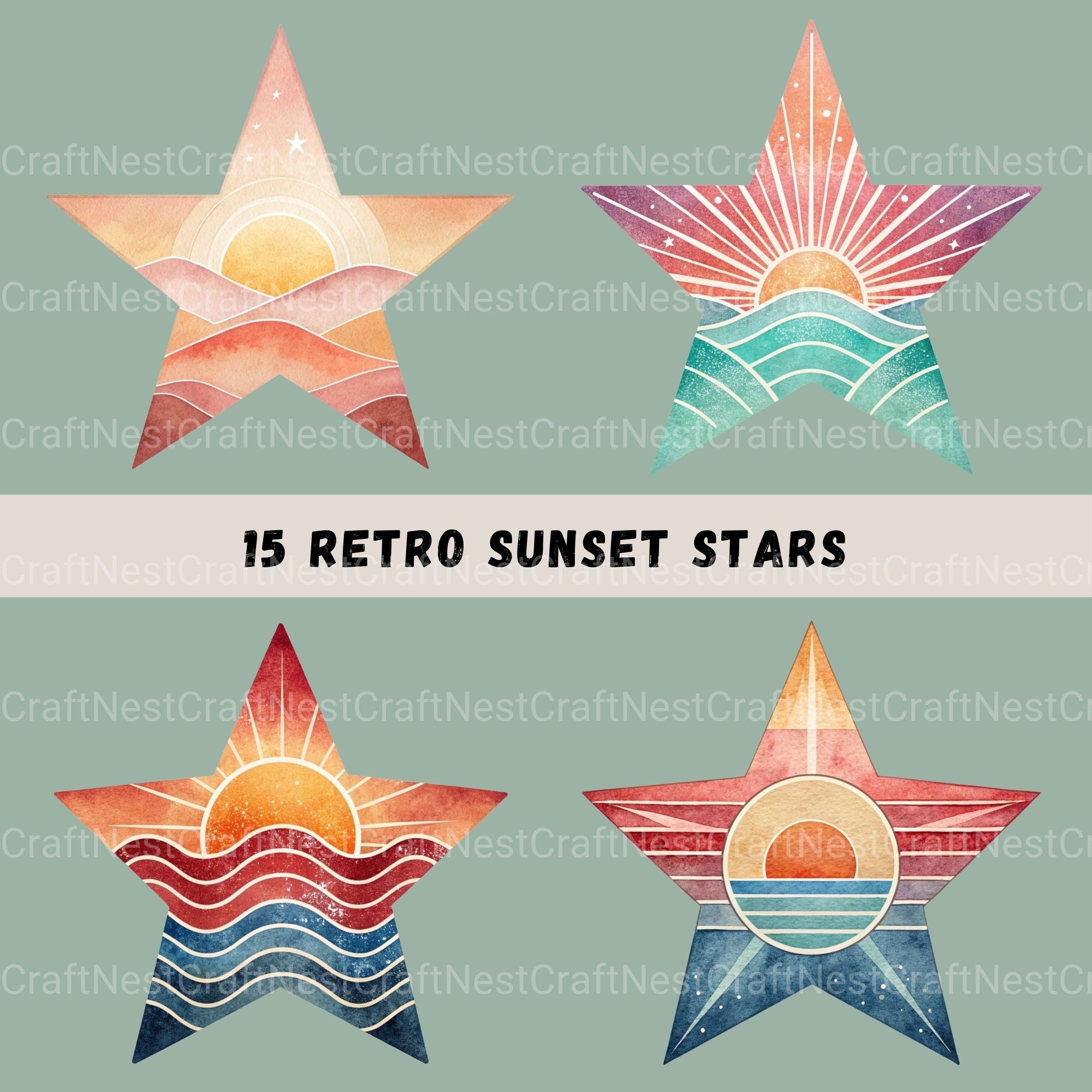 Retro Sunsets Star Clipart Bundle