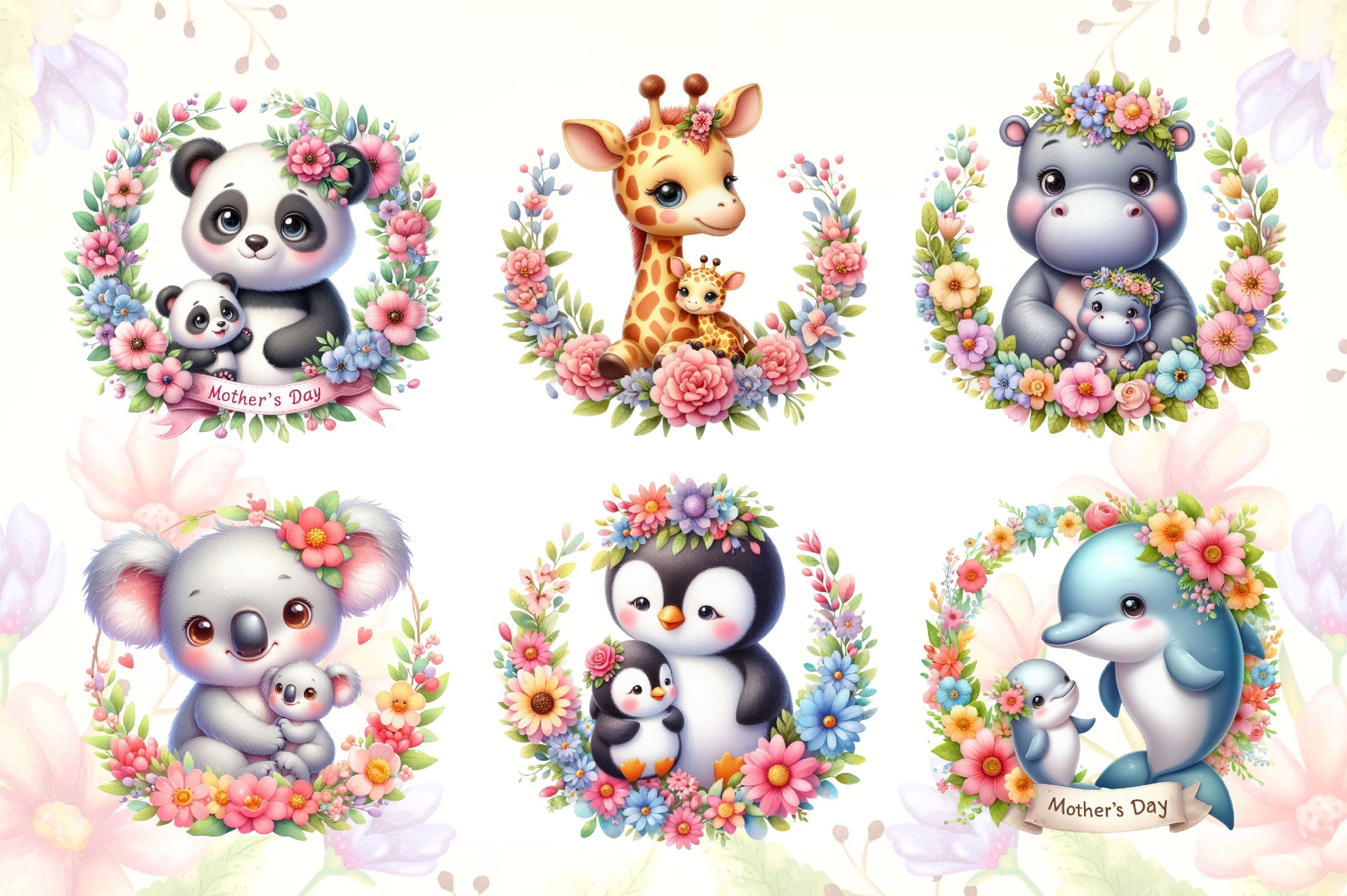 Animals With Floral Wreath Mother's Day Clipart Bundle