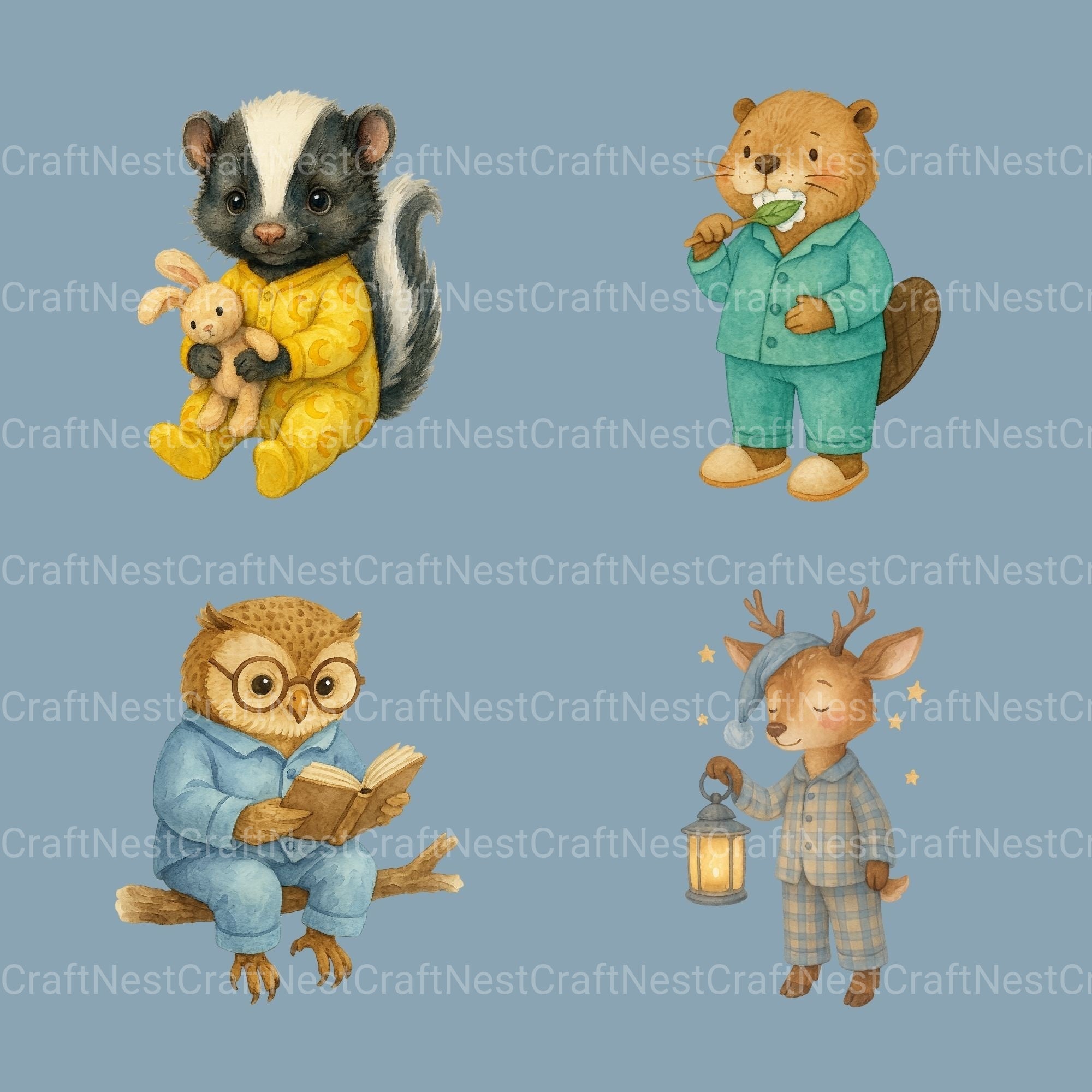 Woodland Animal Pjs 1 Clipart Bundle