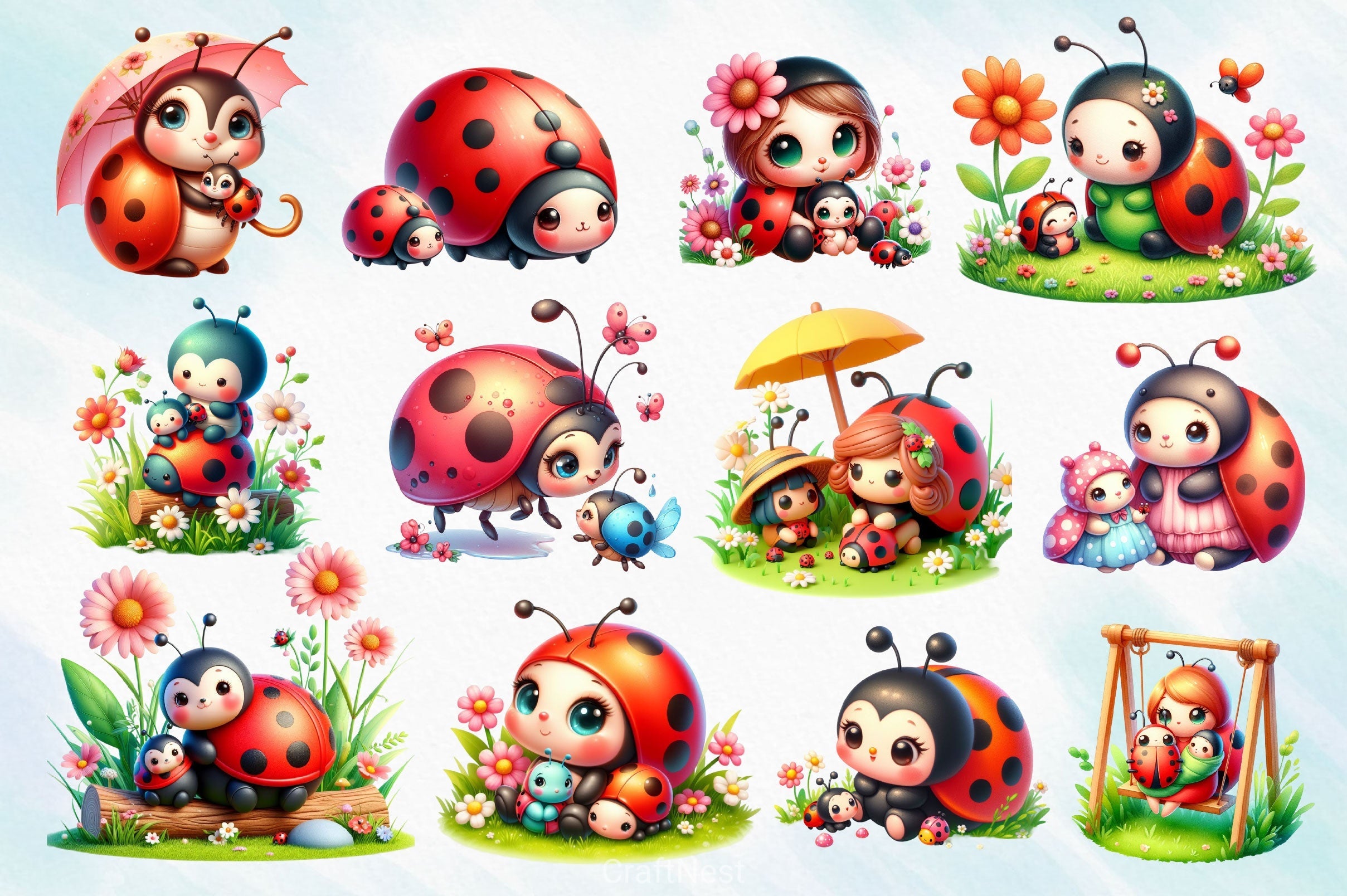 Cute Mom And Baby Ladybug Clipart Bundle