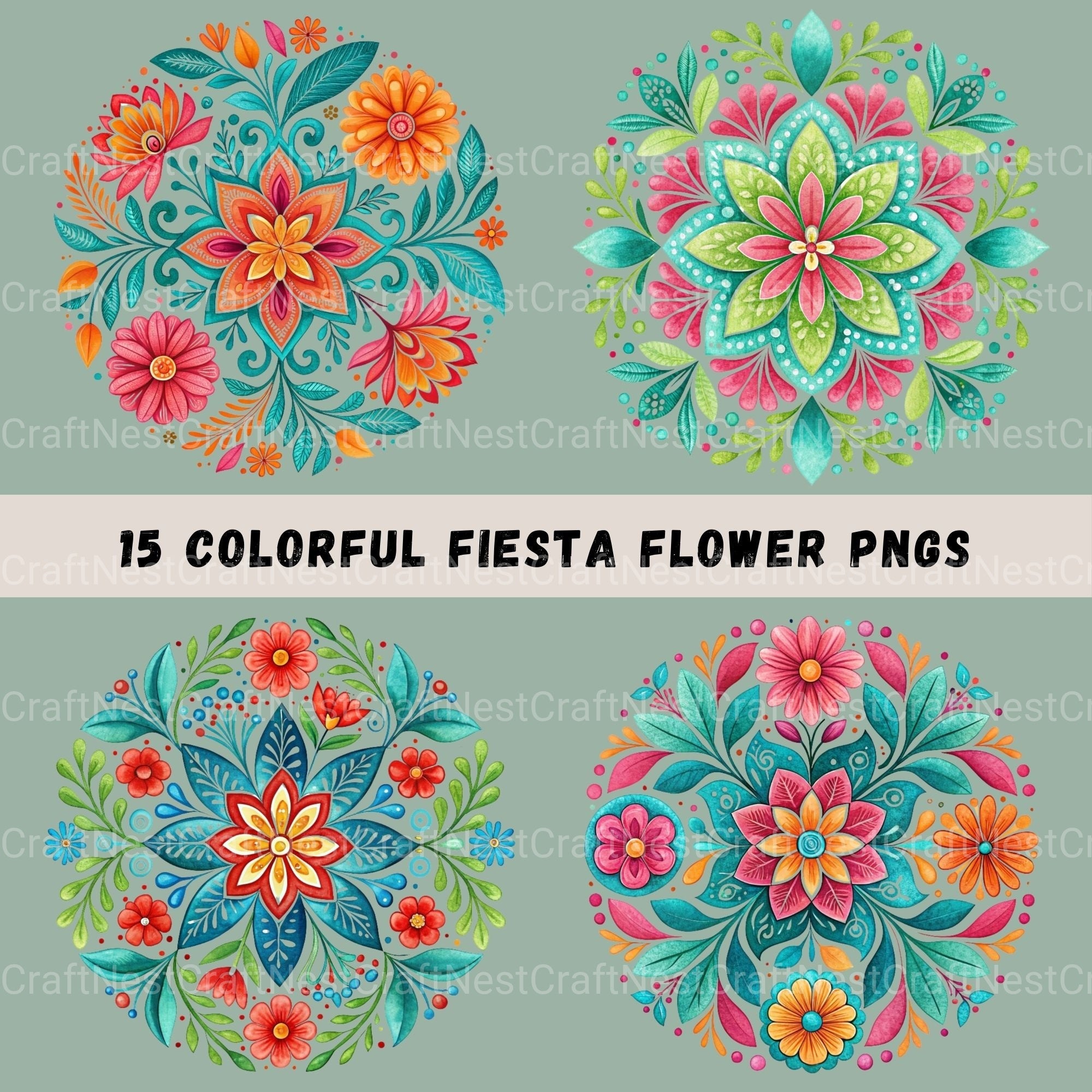Mexican Flowers Circular Clipart Bundle