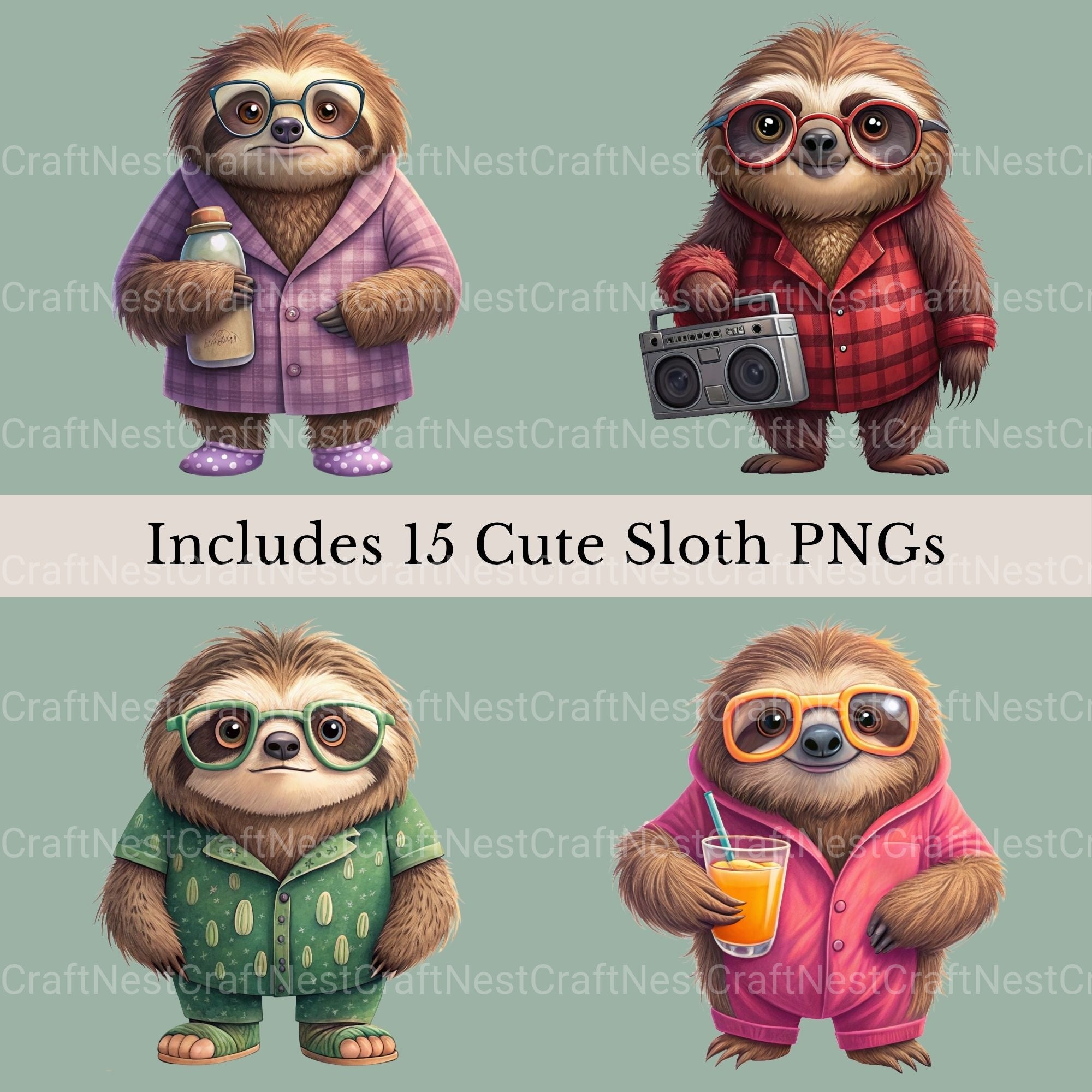 Sloths In Pjs Clipart Bundle
