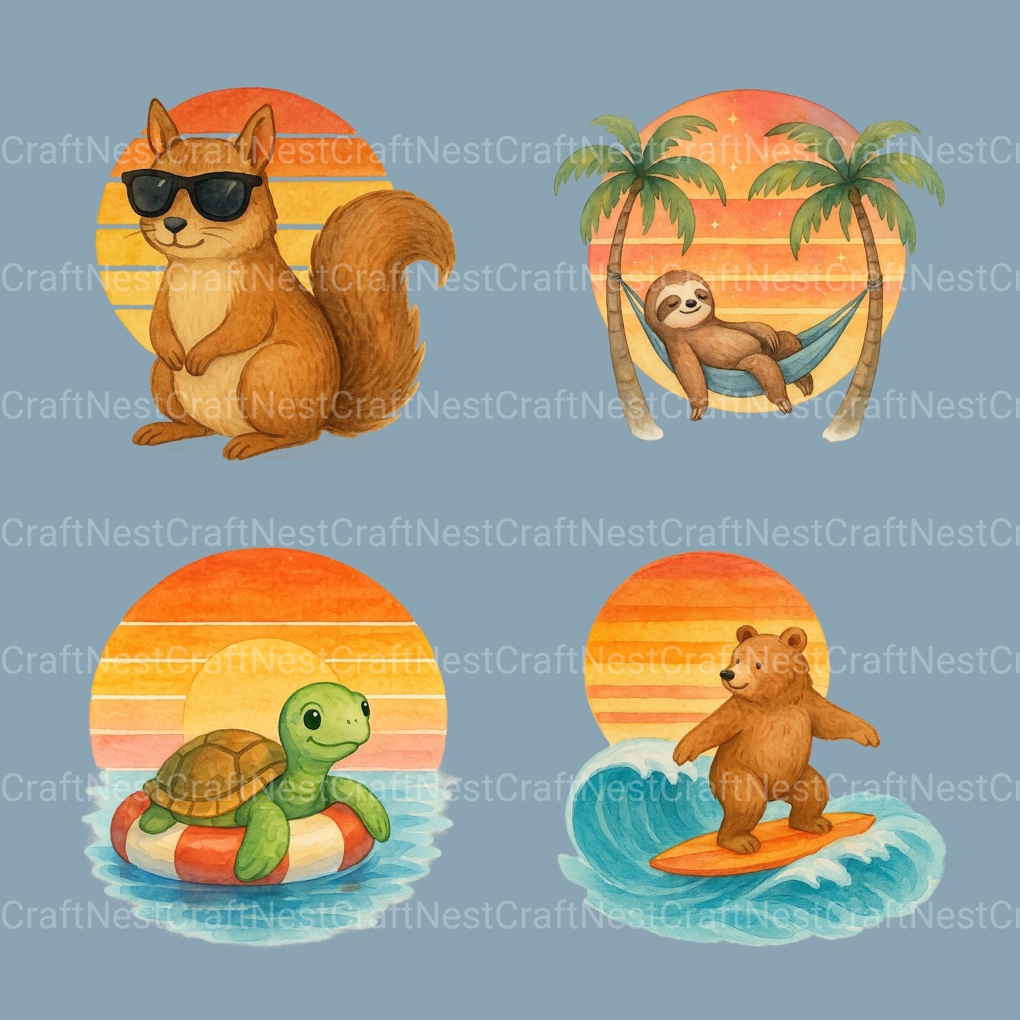 Retro Sunset & Animals Clipart Bundle