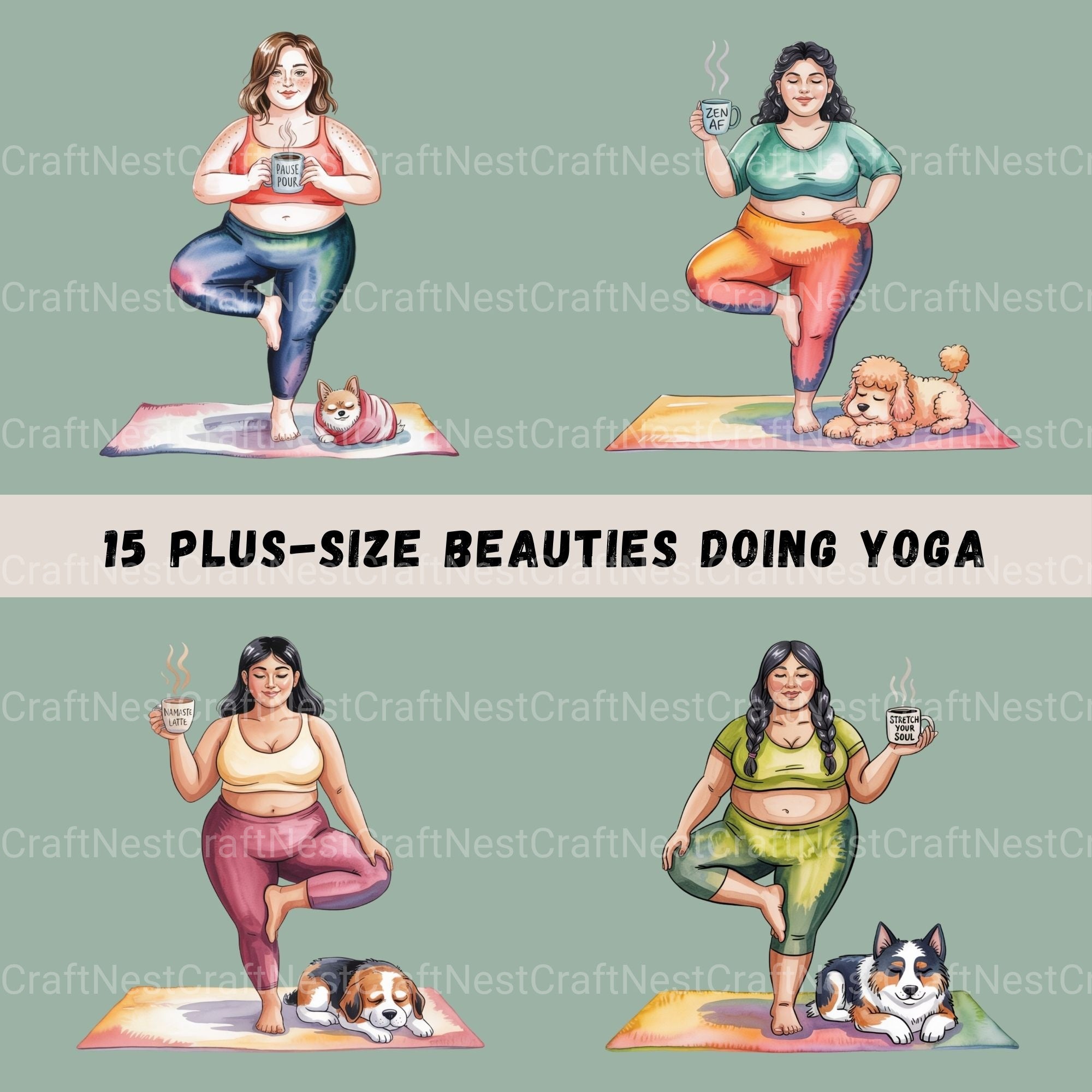 Plus Size Ladies With Dog & Yoga Clipart Bundle