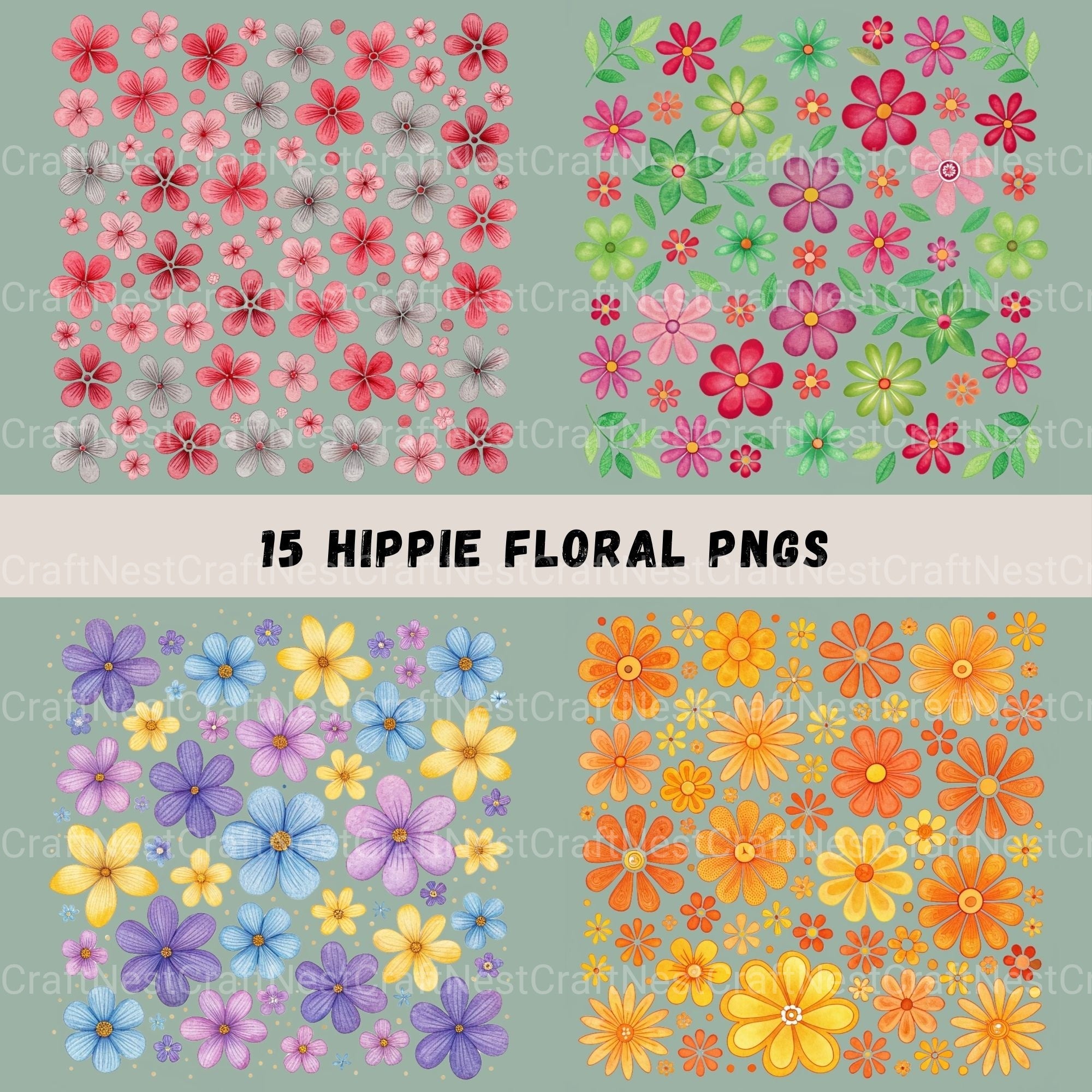 Hippie Flowers Clipart Bundle