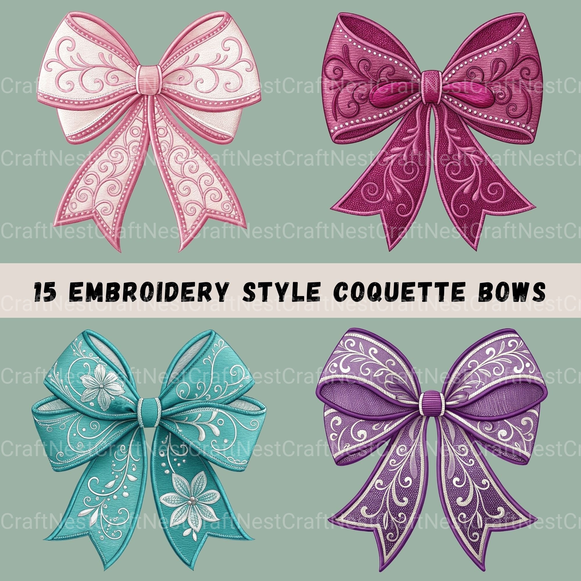 Embroidery Style Bows Clipart Bundle
