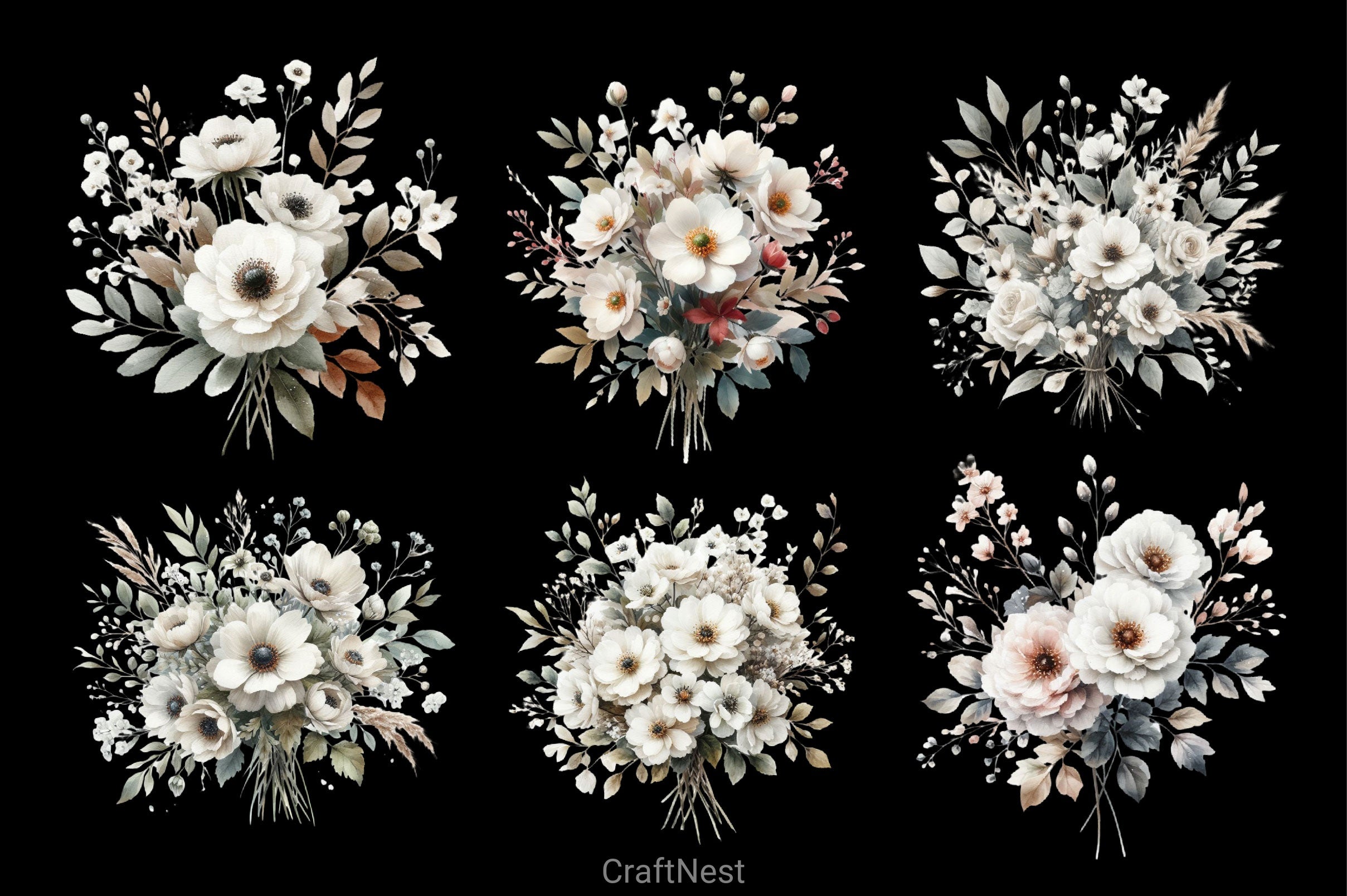 White Rustic Flower Clipart Bundle