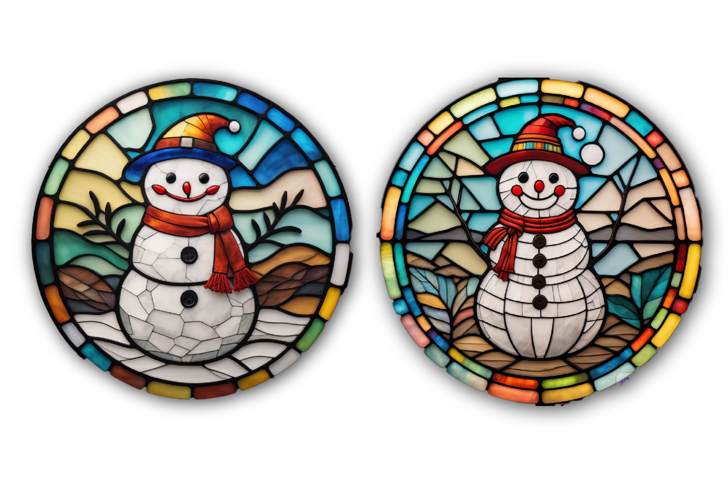 Round Stained Glass Christmas Snowman Clipart Bundle