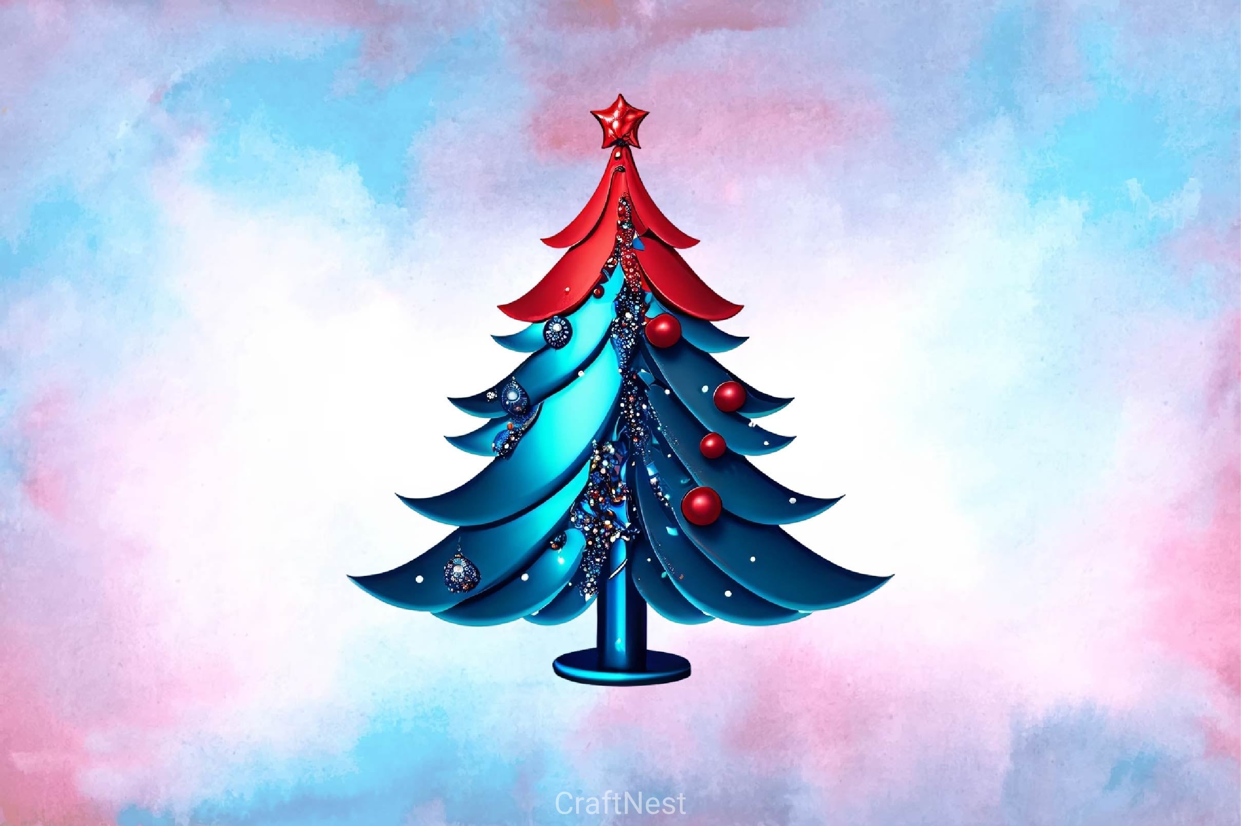 Blue And Red Glam Christmas Tree Clipart Bundle